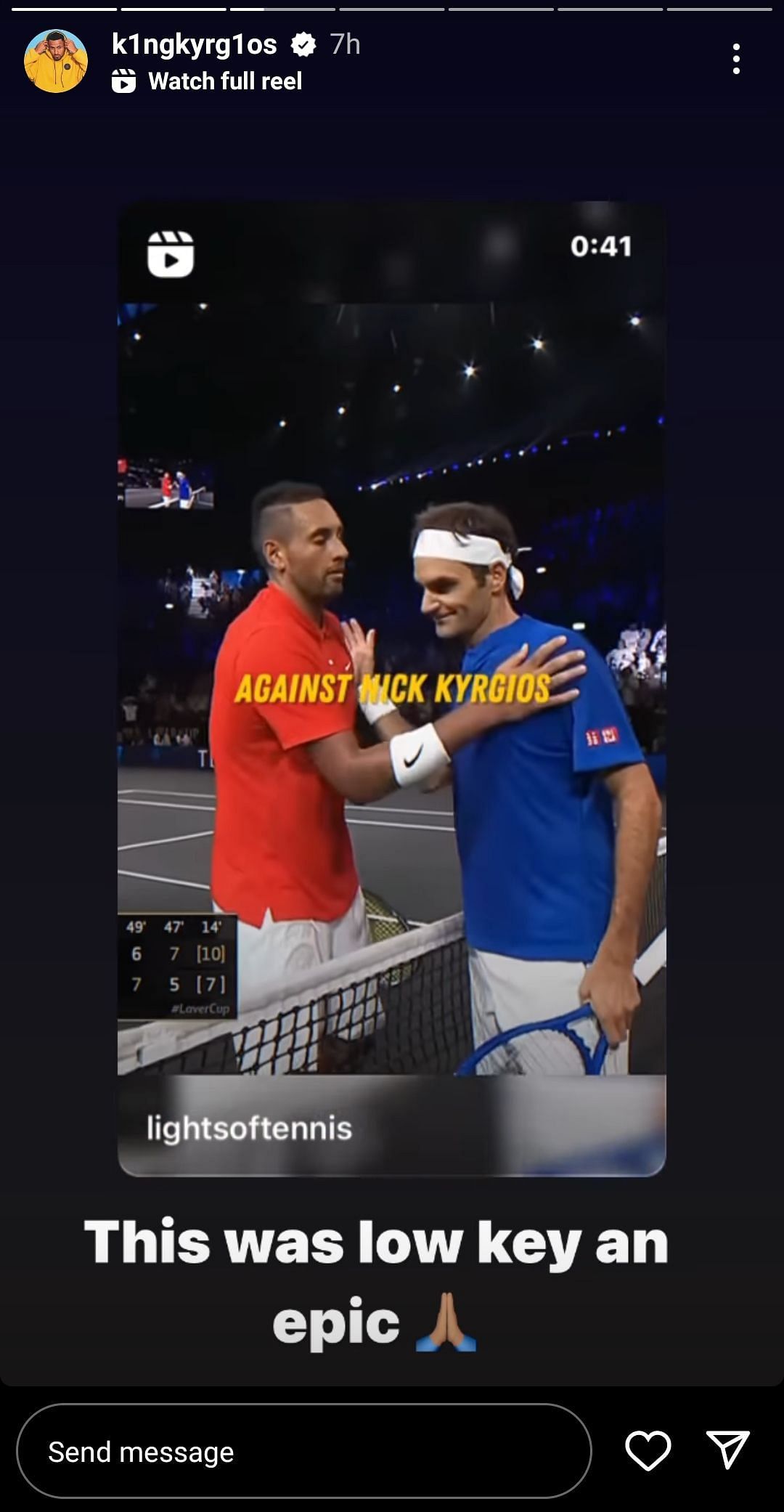 Nick Kyrgios&#039; Instagram post featuring the highlights from his 2019 Laver Cup encounter against Roger Federer