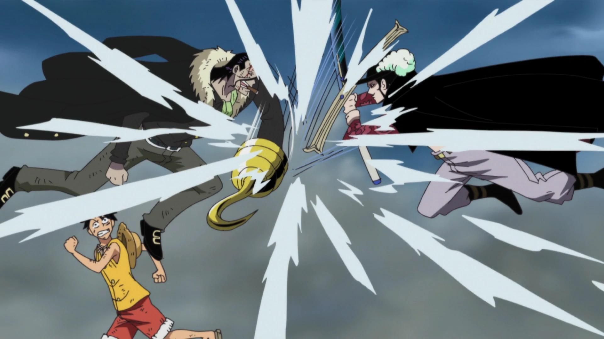 Crocodile protects Luffy from Mihawk (Image via Toei Animation)