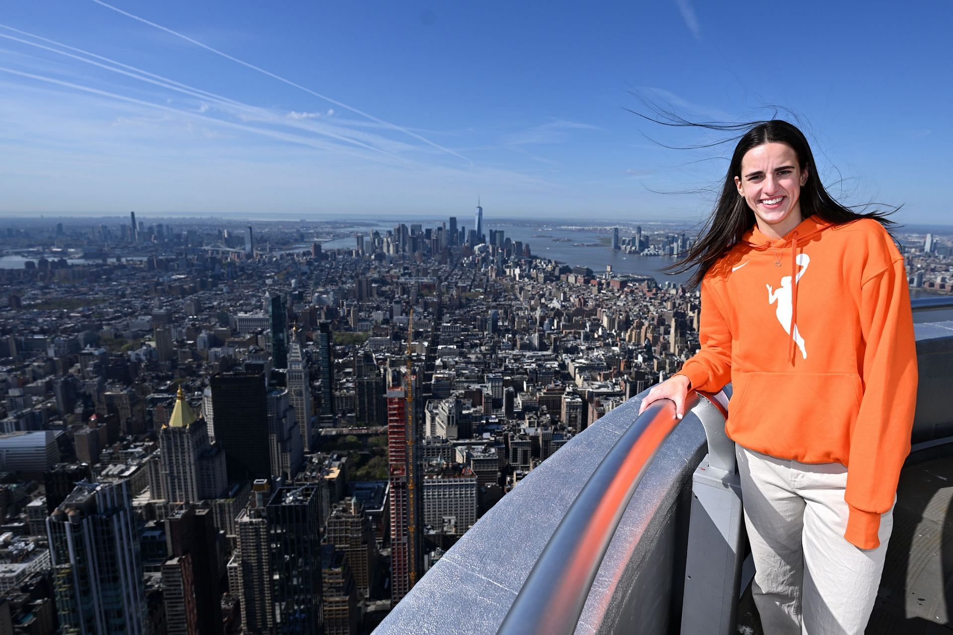 WNBA Draftees Light the Empire State Building: NEW YORK, NEW YORK - APRIL 15: Caitlin Clark at The Empire State Building on April 15, 2024 in New York City. (Photo by Roy Rochlin/Getty Images for Empire State Realty Trust)