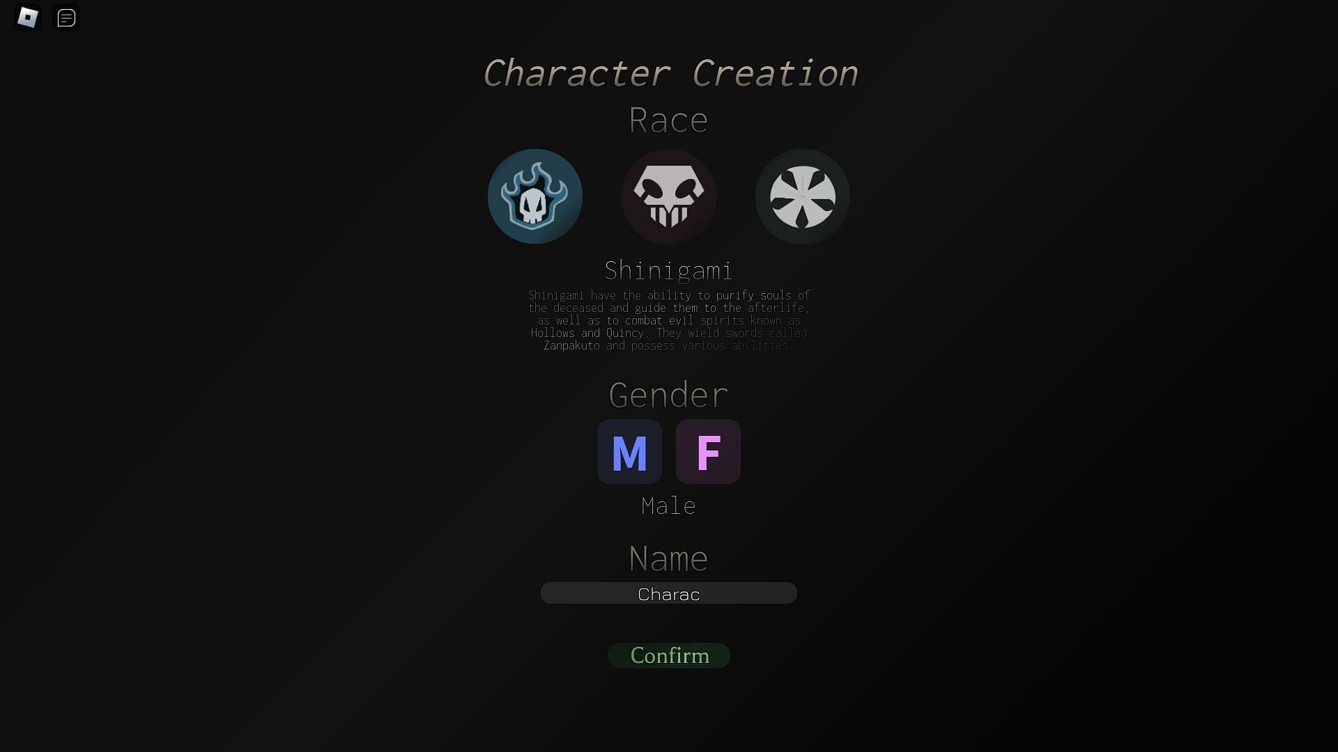 Character Creation screen in Type Soul (Image via Roblox)