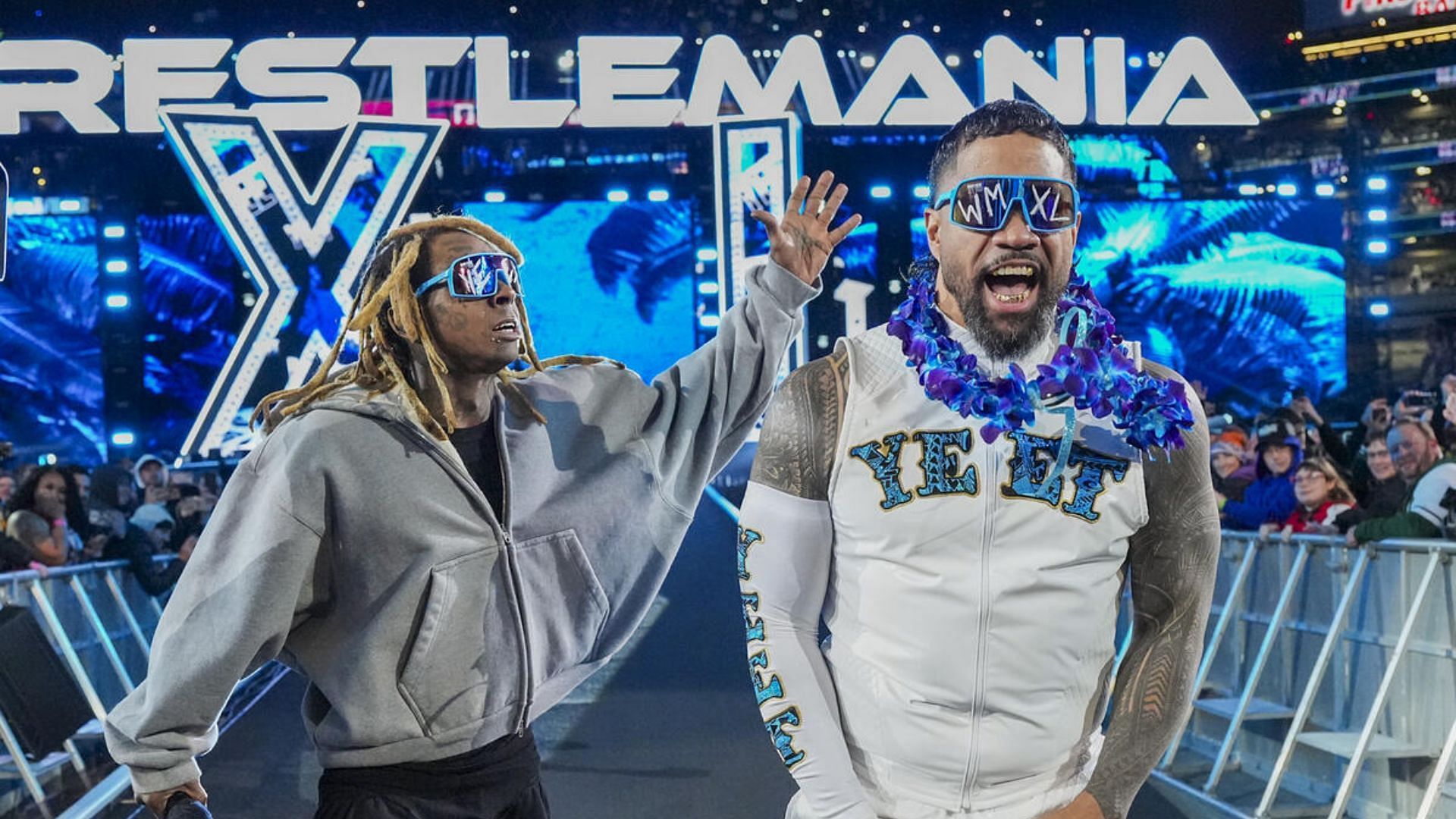 Grammy Award winning rapper Lil Wayne and Jey Uso at WrestleMania XL (Credit: WWE)