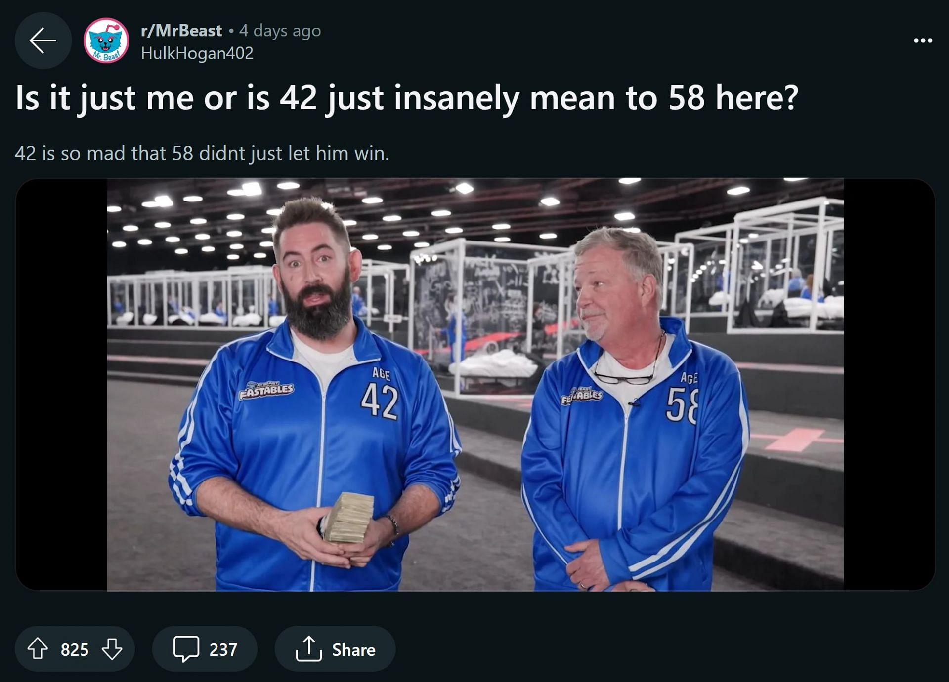 Redditor u/HulkHogan402 believed #42 was &quot;insanely mean&quot; to #58 in the MrBeast video (Image via Reddit)