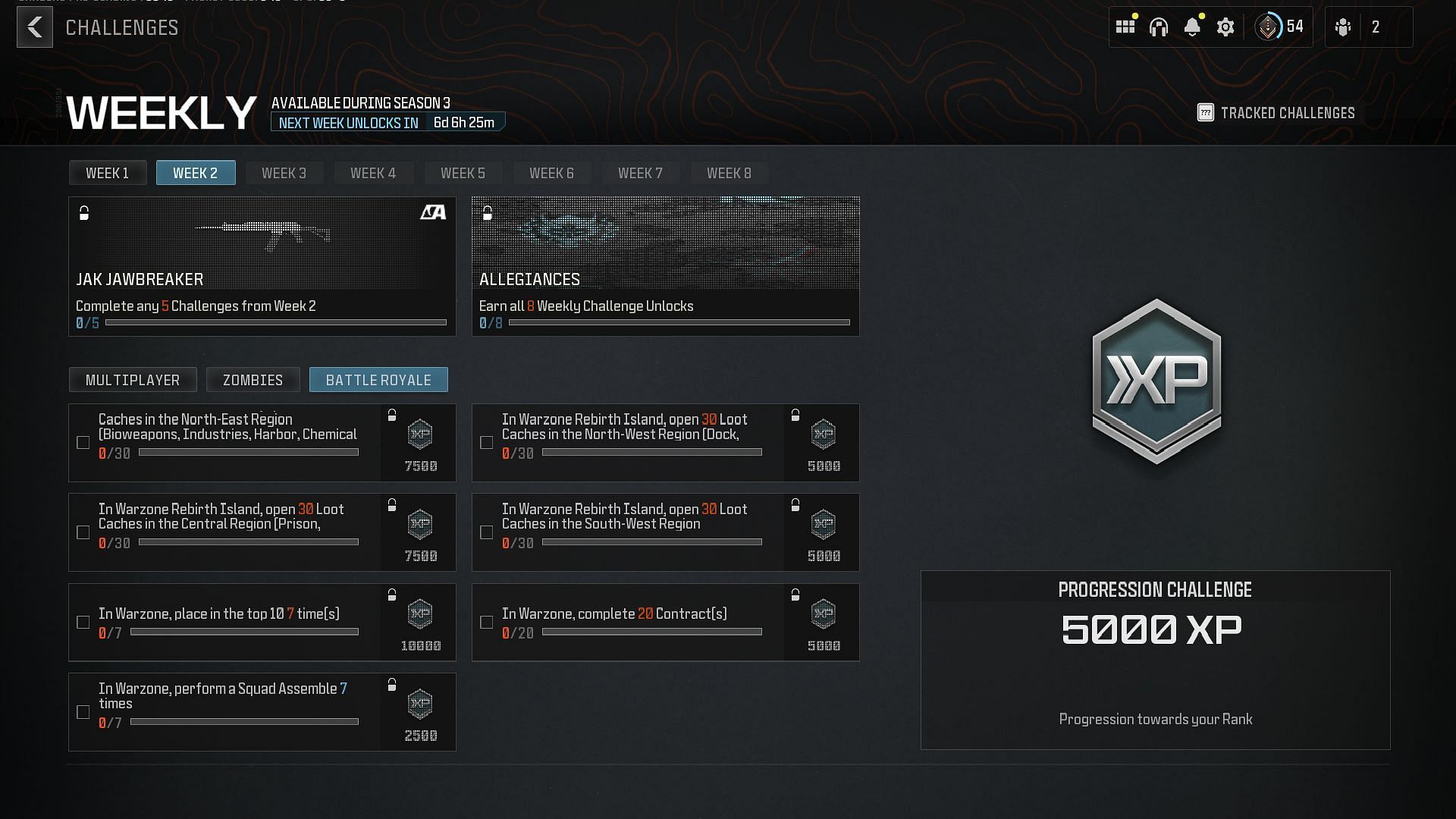 Week 2 Challenges tab in MW3 and Warzone (Image via Activision)