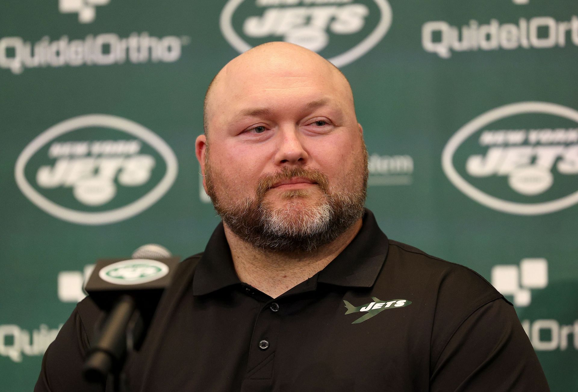 Joe Douglas during New York Jets introduction Quarterback Aaron Rodgers