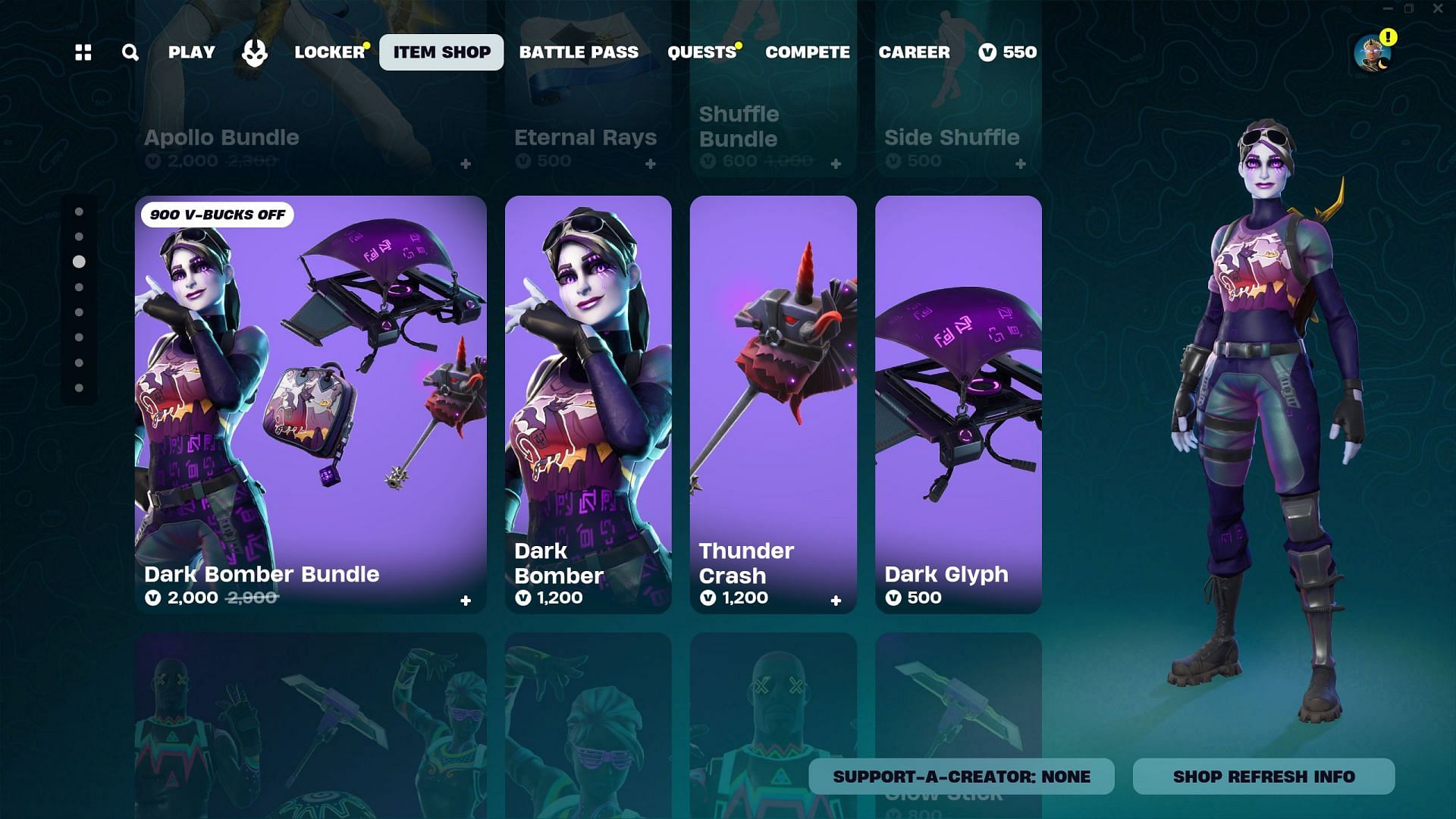 Dark Bomber skin is currently listed in the Item Shop. (Image via Epic Games/Fortnite)