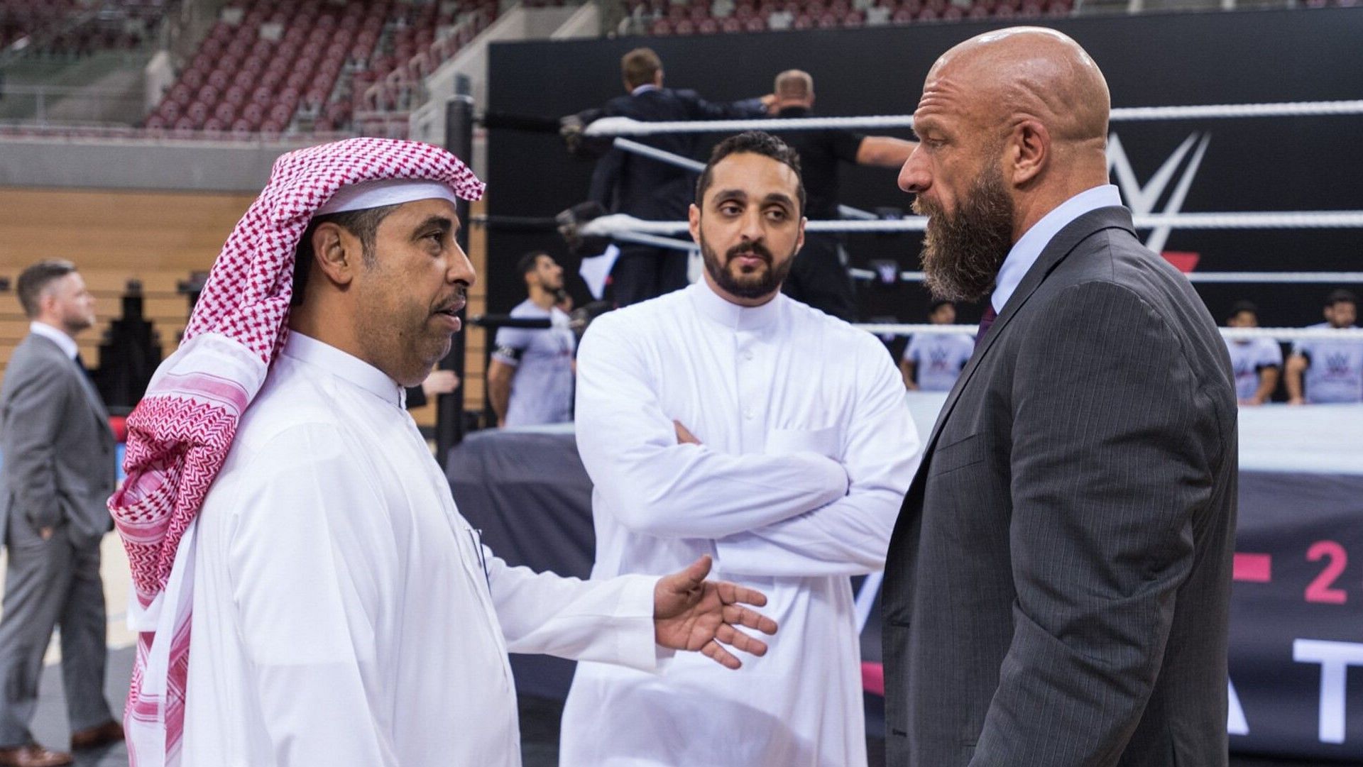 Chief Content Officer Triple H speaks to local officials in Jeddah, Saudi Arabia during WWE tryouts