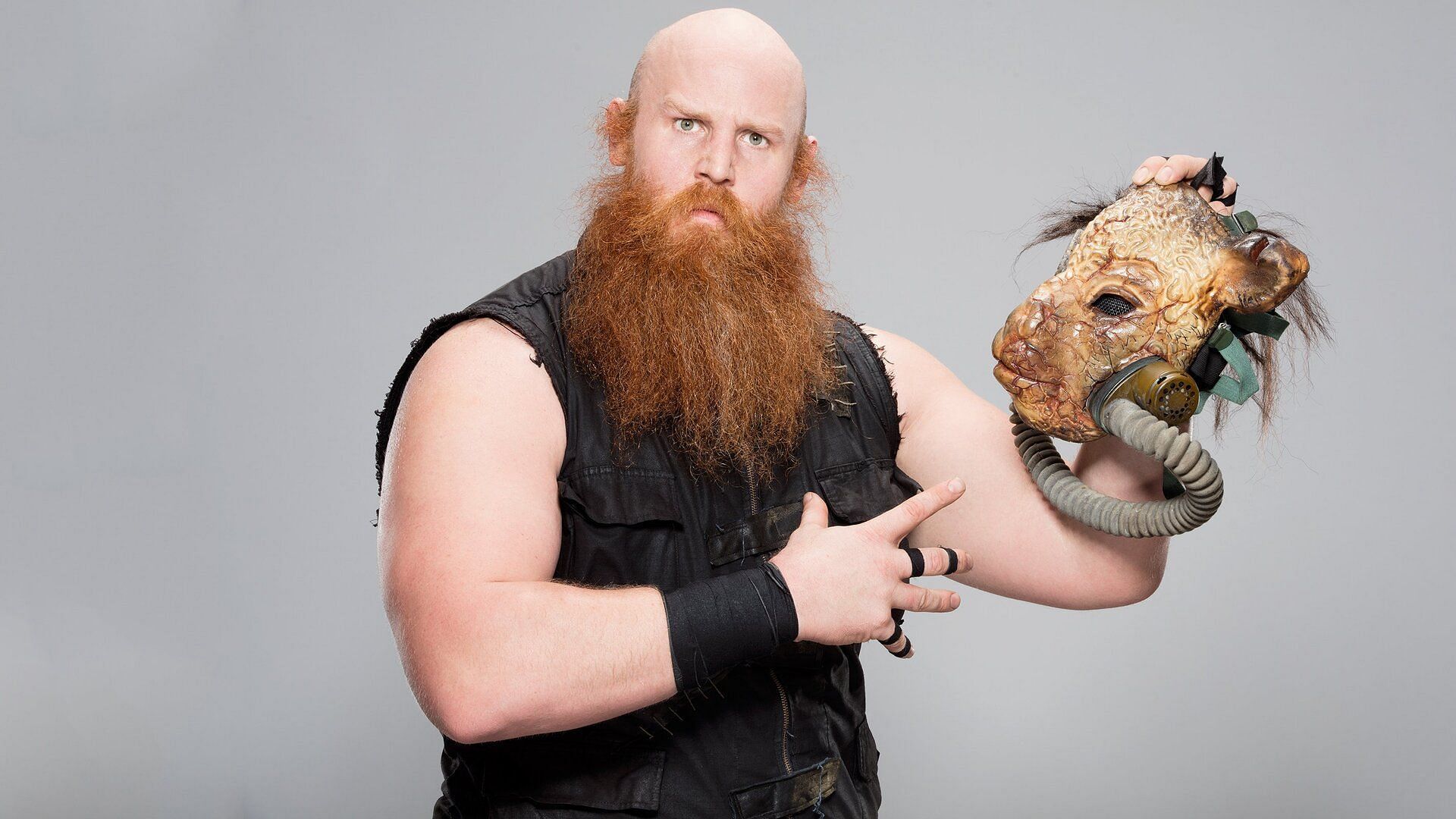 Erick Rowan aka Erick RedBeard poses with his Wyatt Family sheep mask at a WWE shoot