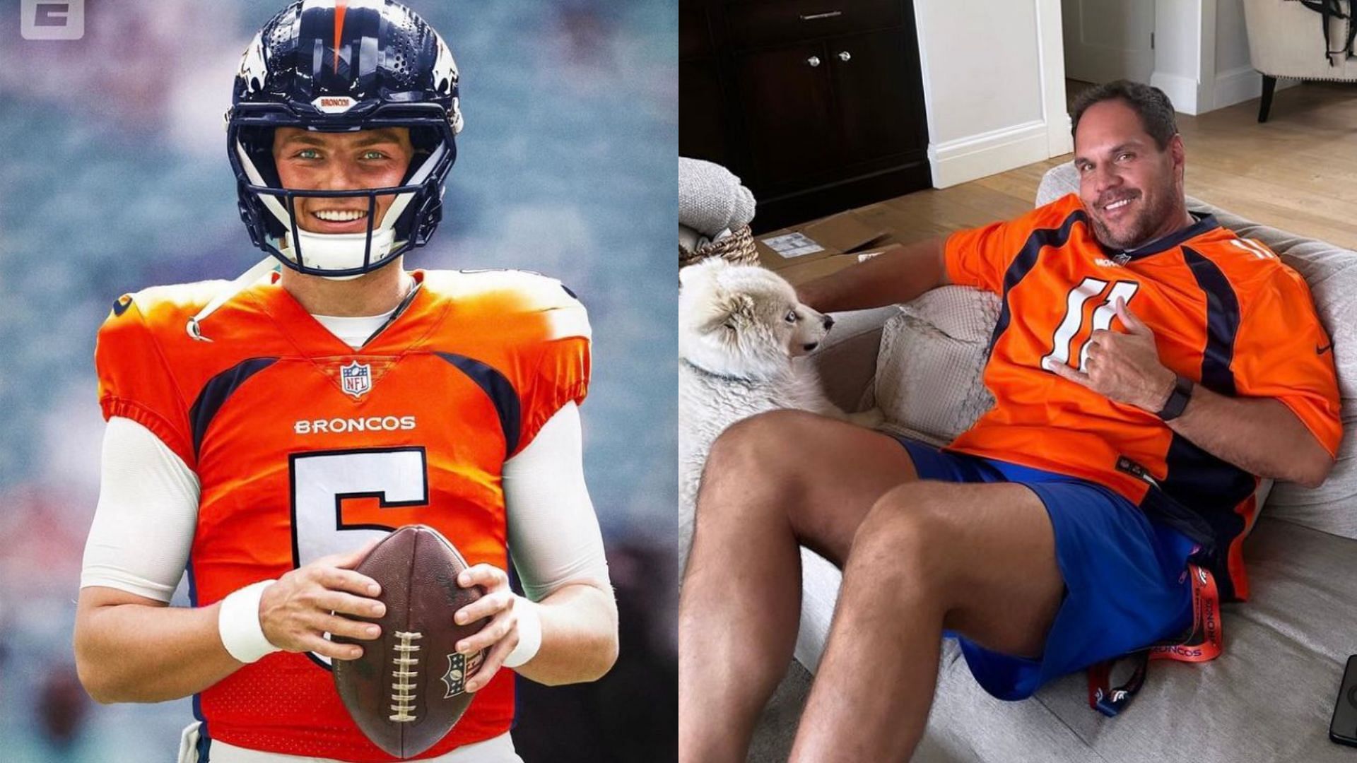 Zach Wilson and his father Michael in Broncos jerseys