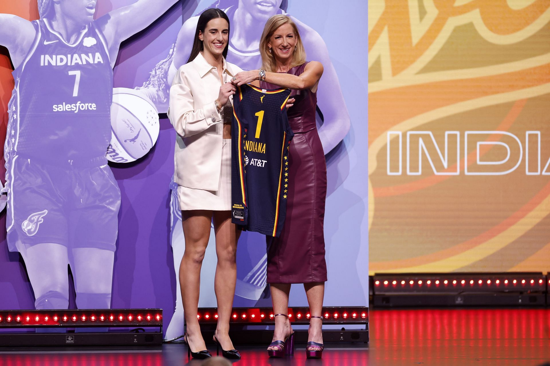Caitlin Clark poses with league commissioner Cathy Engelbert as the Iowa standout was selected No.1 by the Indiana Fever in the 2024 WNBA draft on Monday at the Brooklyn Academy of Music.