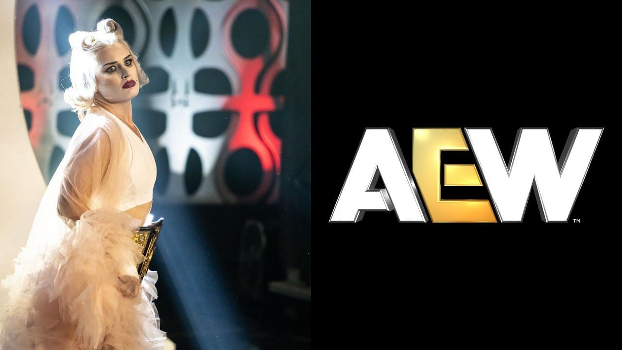 Toni Storm (left) and AEW logo (right)