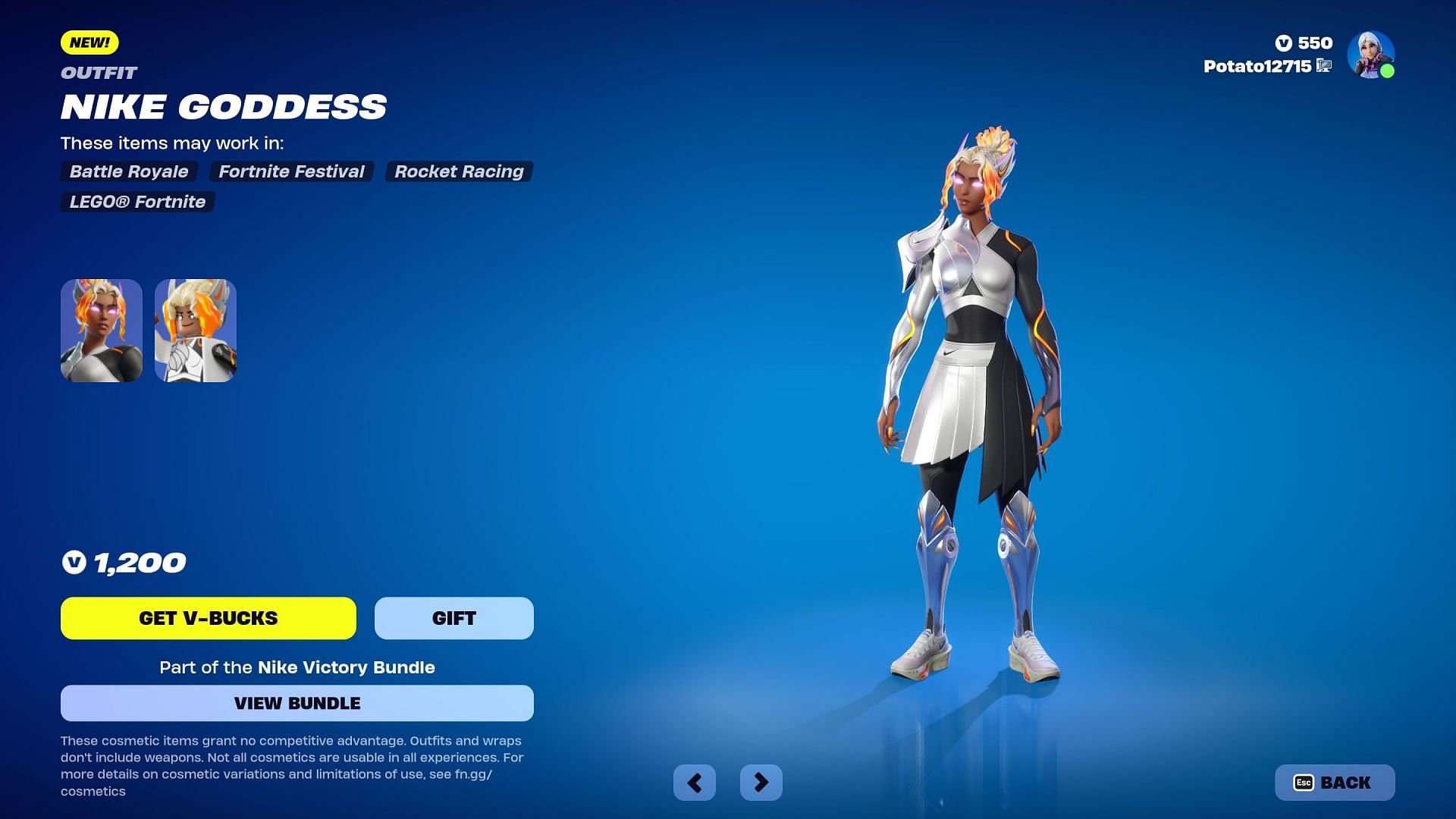 Nike Goddess skin could be listed in the Item Shop for a considerable amount of time (Image via Epic Games/Fortnite)