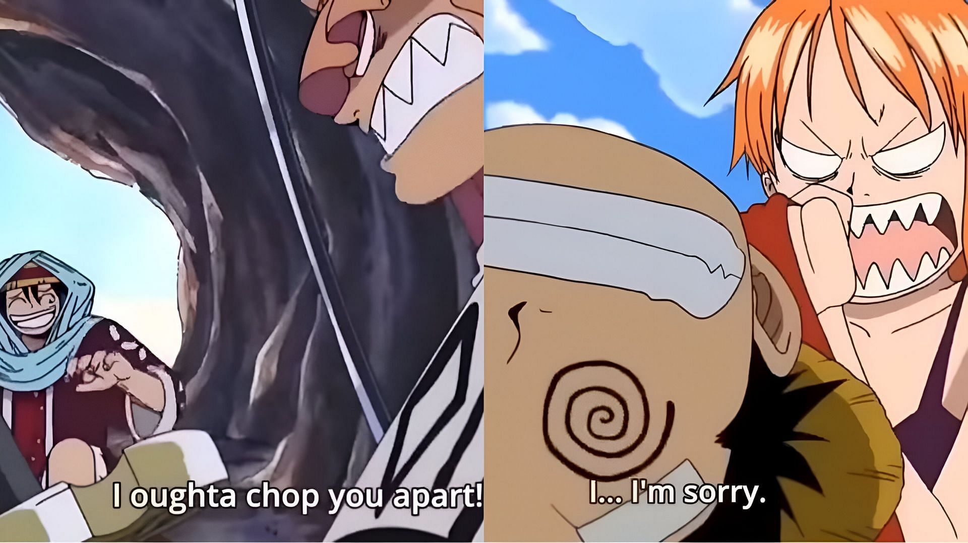 Luffy after endangering the life of his crew as seen in the Arabasta arc (left) and Water 7 arc (right) (Image via Toei Animation)