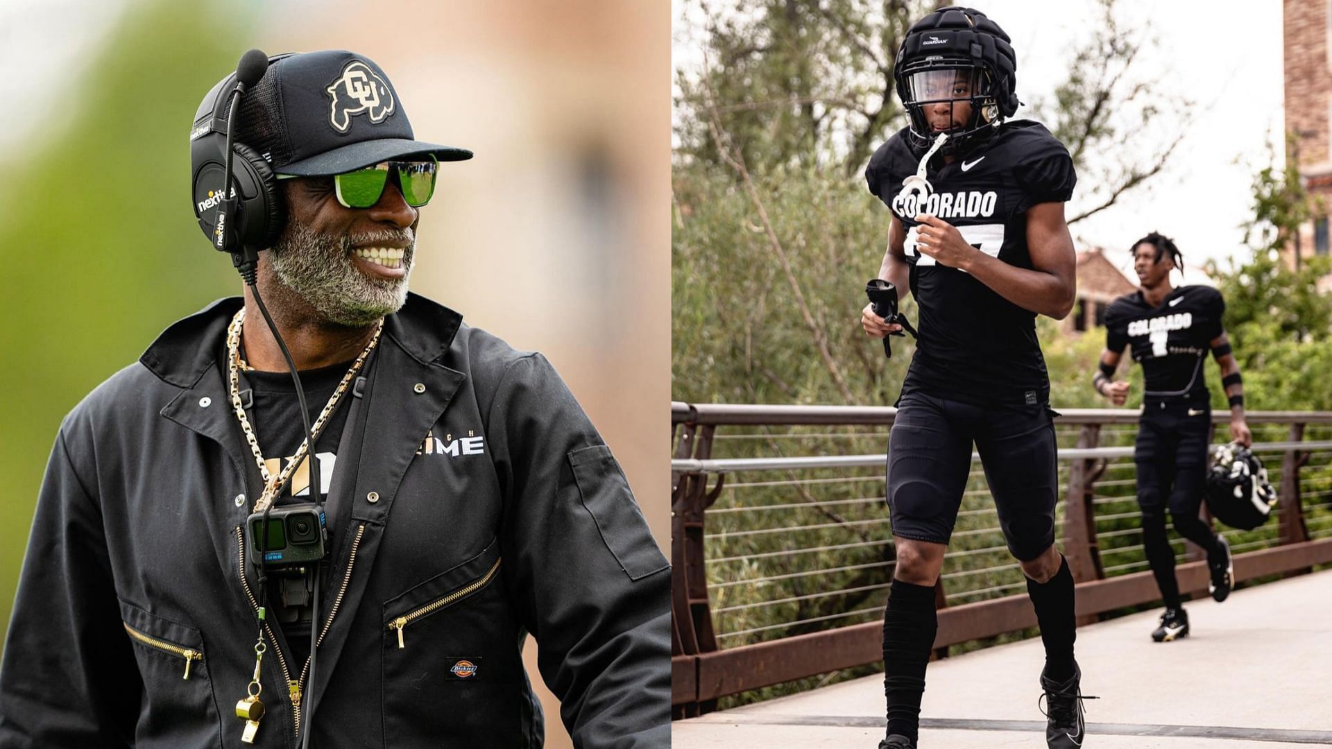 Colorado coach Deion Sanders and cornerback Nahmier Robinson 