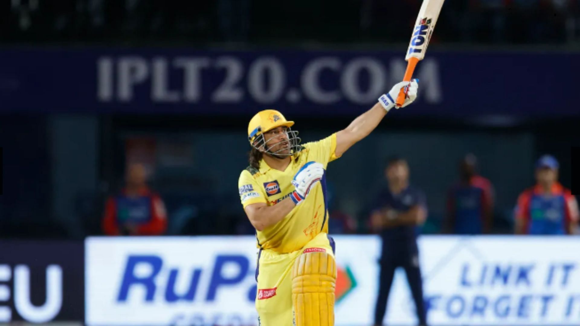 MS Dhoni smashes a one-handed six of Anricn Nortje in the final over. 