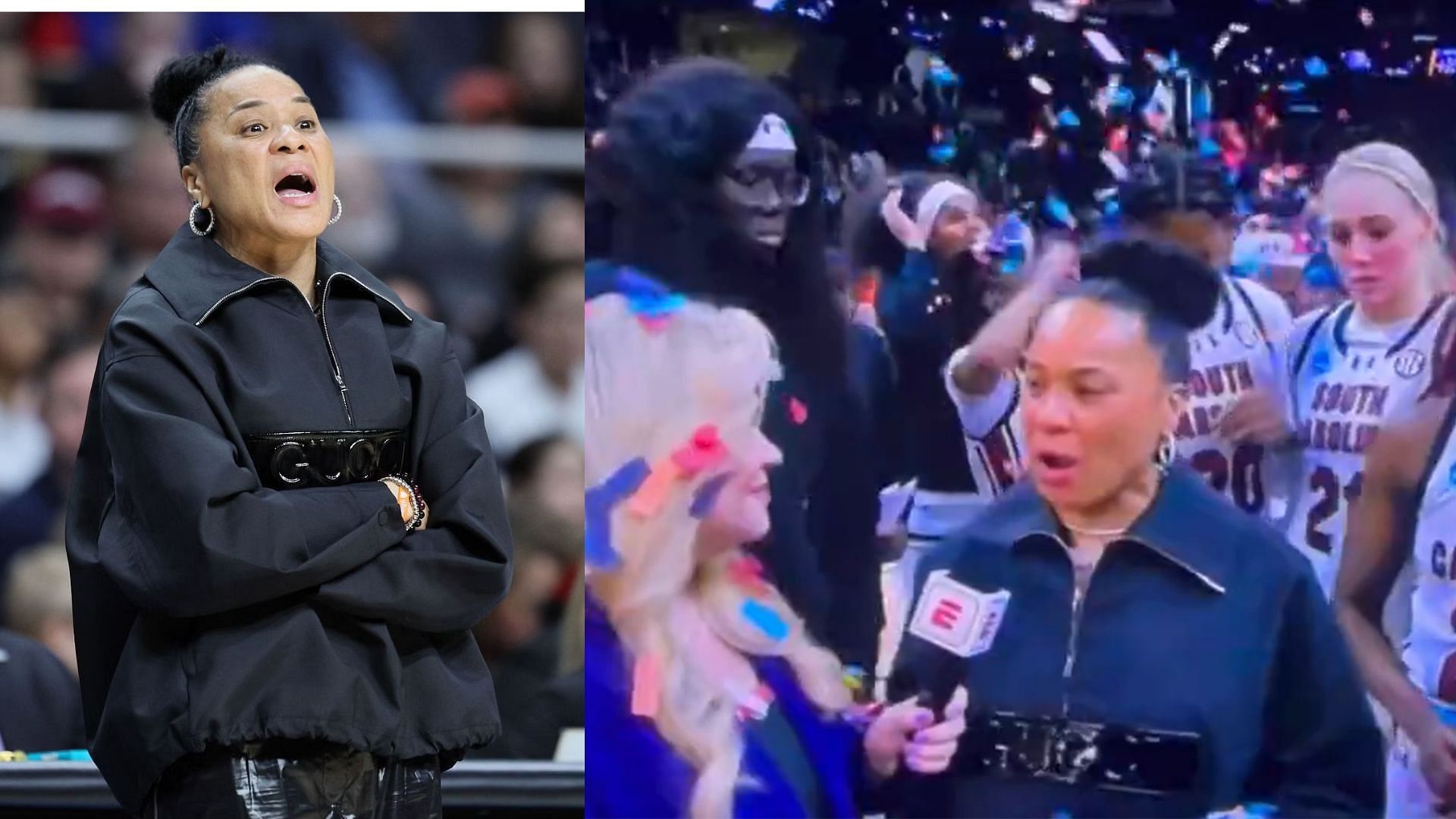 Dawn Staley gets showered in confetti.