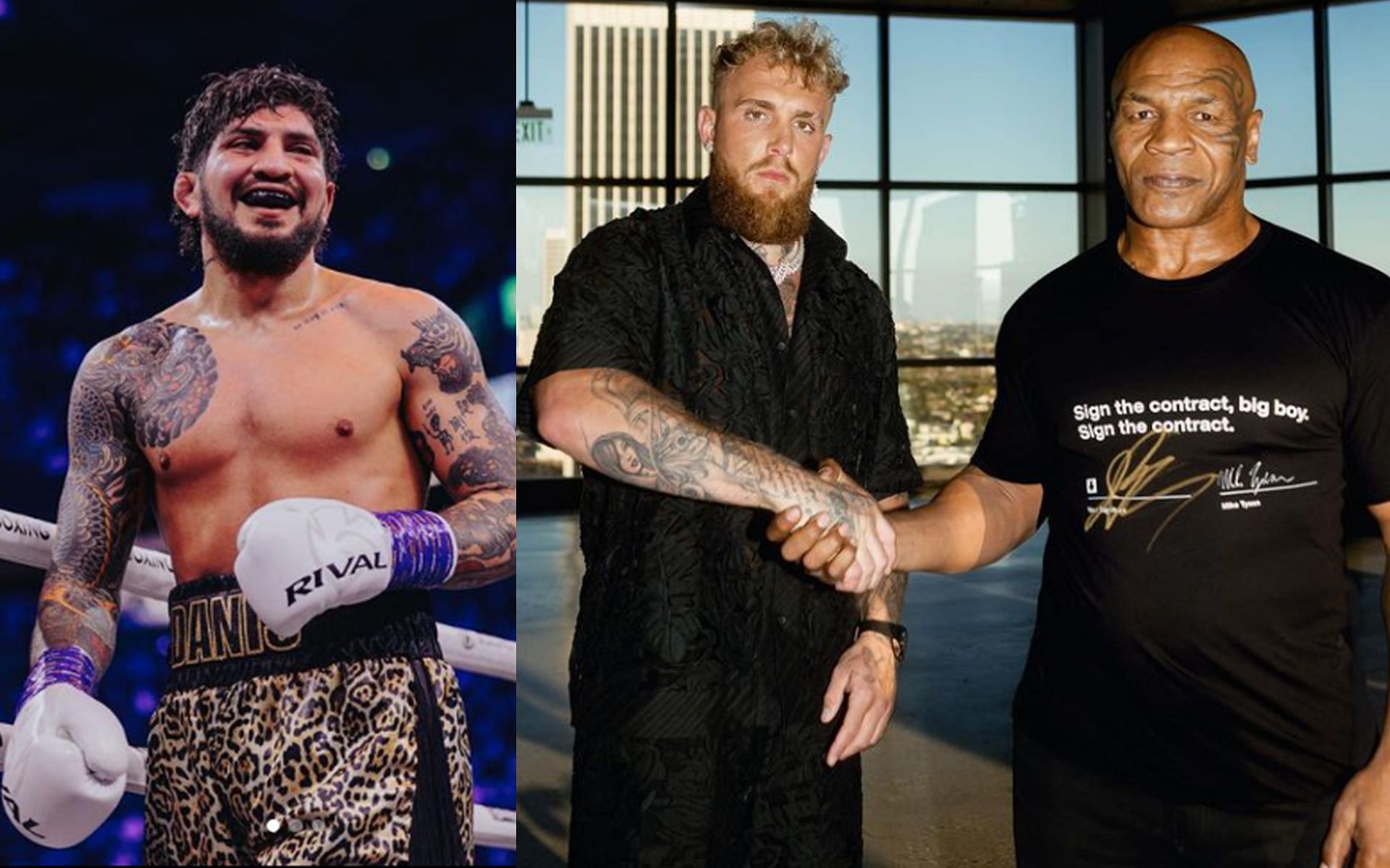 Dillon Danis (left) criticizes Jake Paul (center) for fighting a much older Mike Tyson (right) [Images Courtesy: @dillondanis and @jakepaul Instagram]