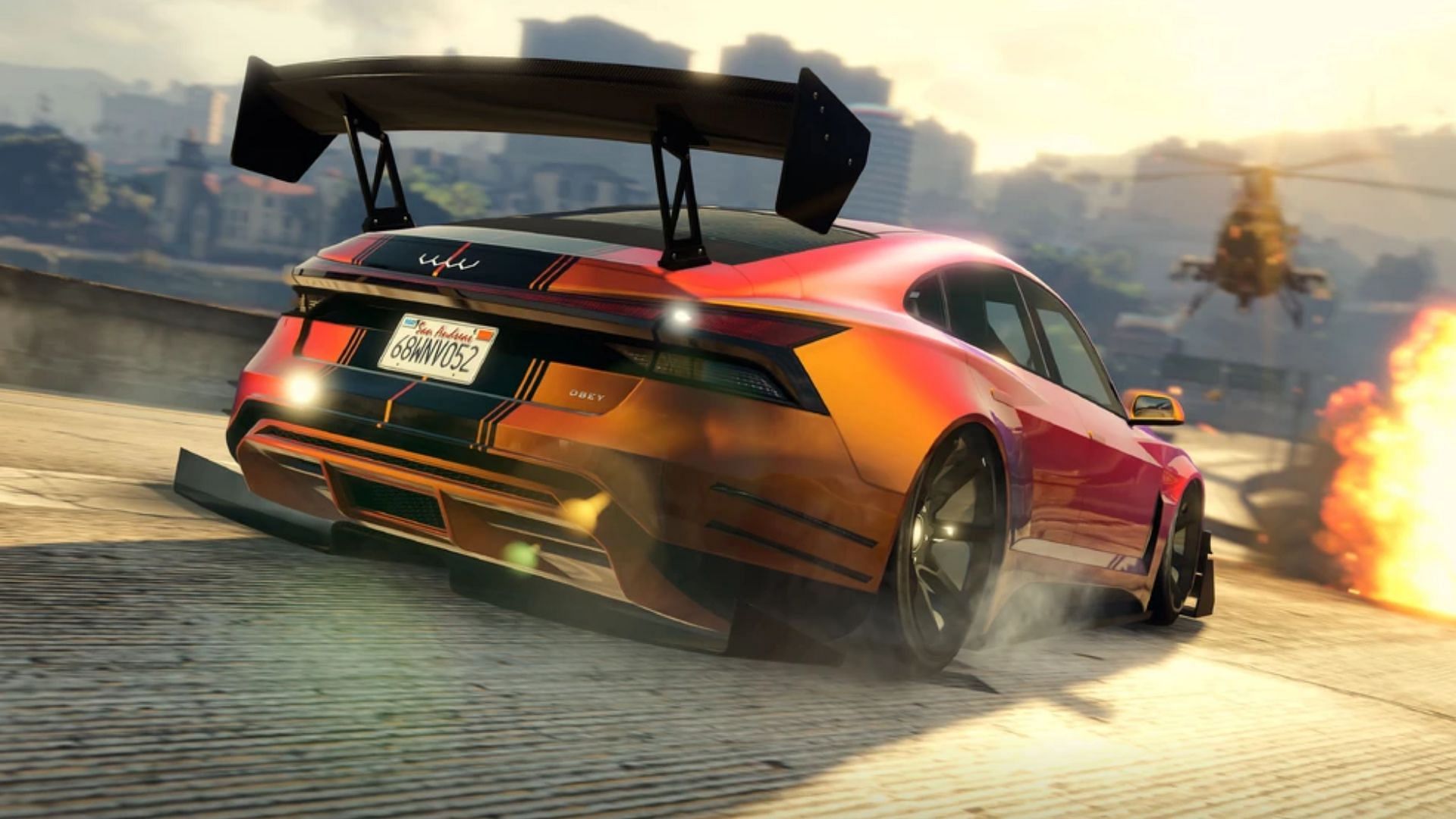 A promotional image of the Obey Omnis e-GT in Grand Theft Auto 5 Online (Image via Rockstar Games)