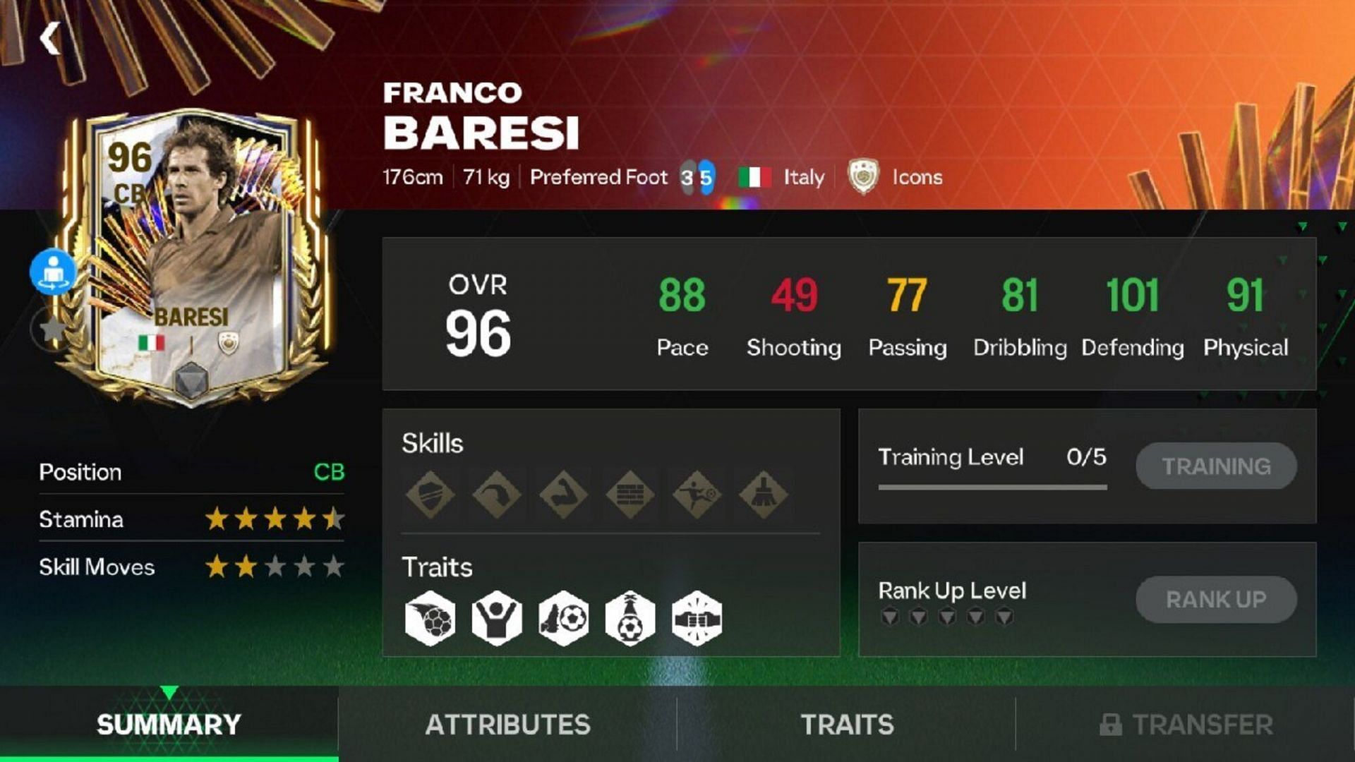 Speculated FC Mobile TOTS Icon Baresi attributes (Image via EA Sports)