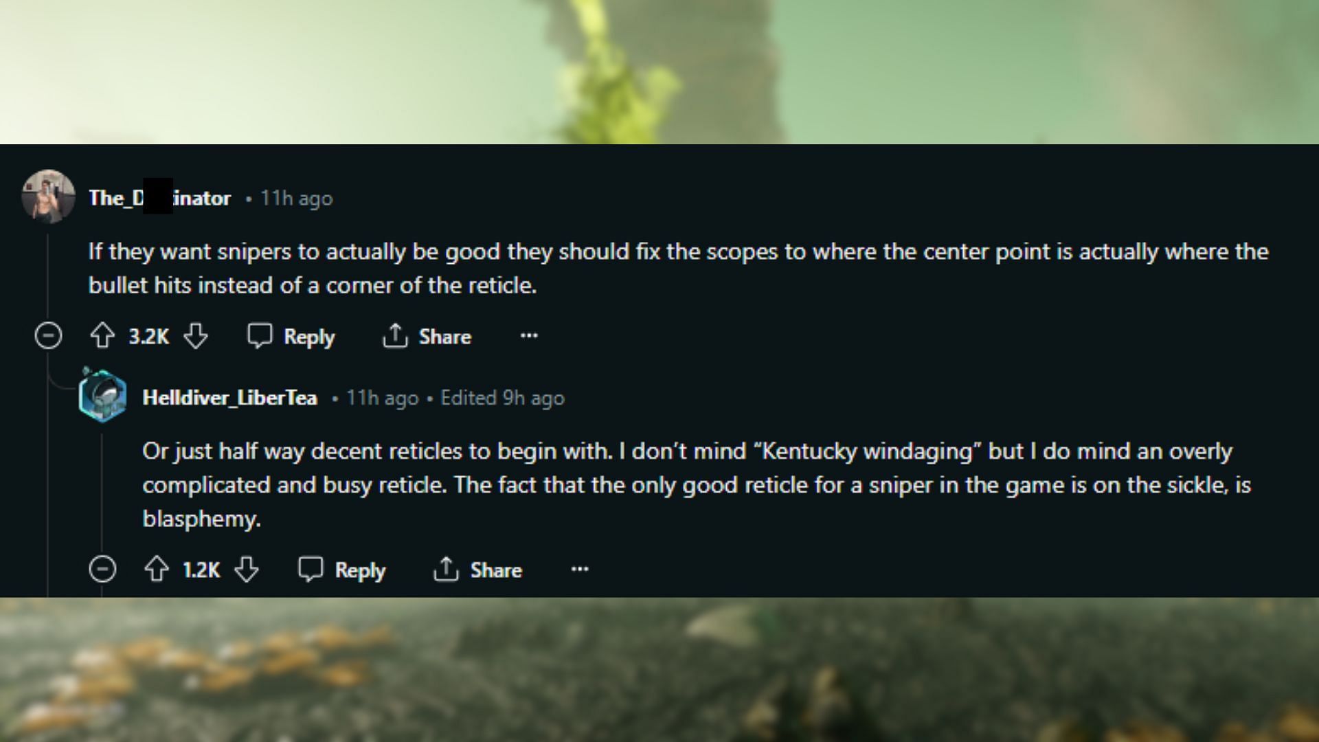 Community unhappy with sniper mechanics in Helldivers 2 (Image via Reddit)
