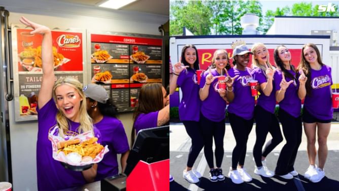 PHOTO: Paul Skenes' girlfriend Olivia Dunne celebrates NCAA triumph by serving fans fried chicken at Raising Cane's