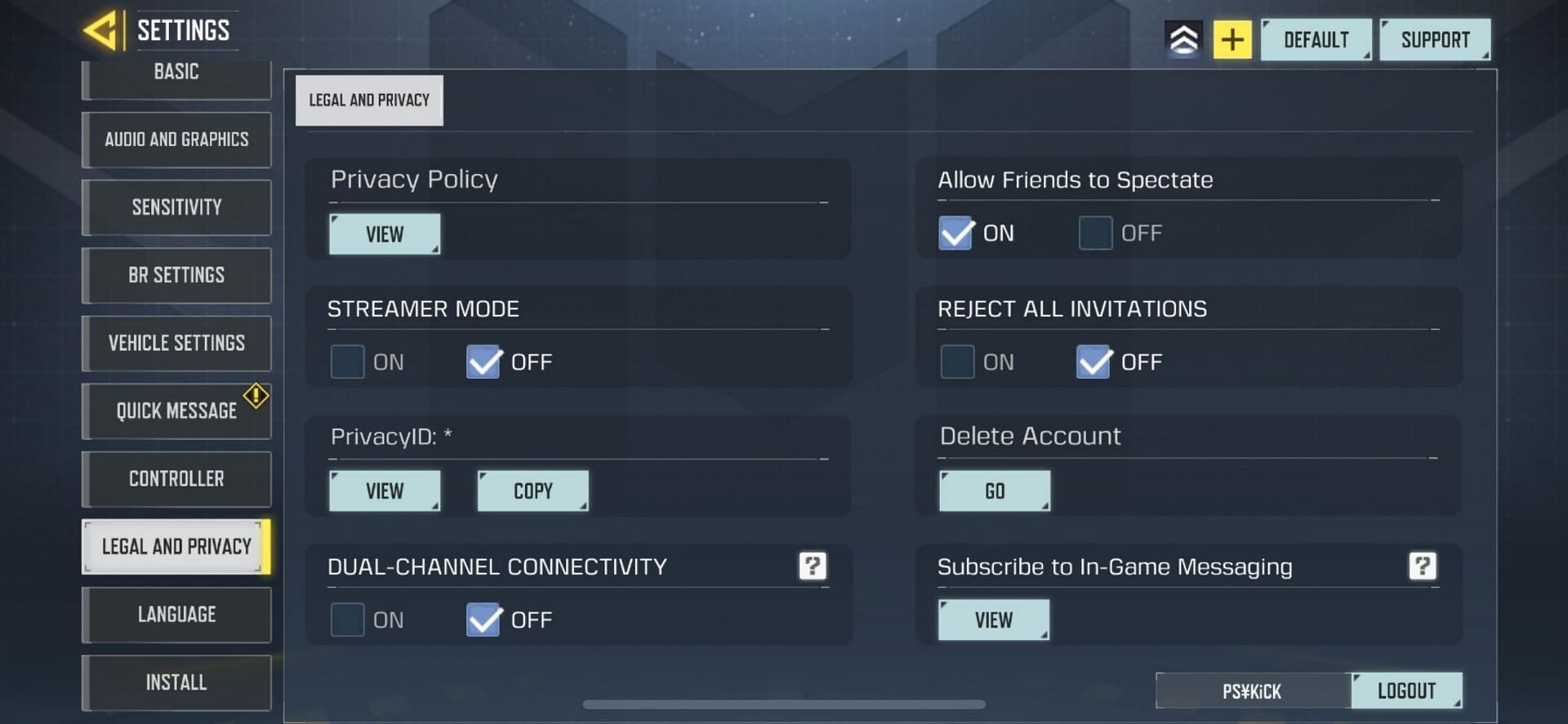 Legal and Privacy settings in the game (Image via Activision)