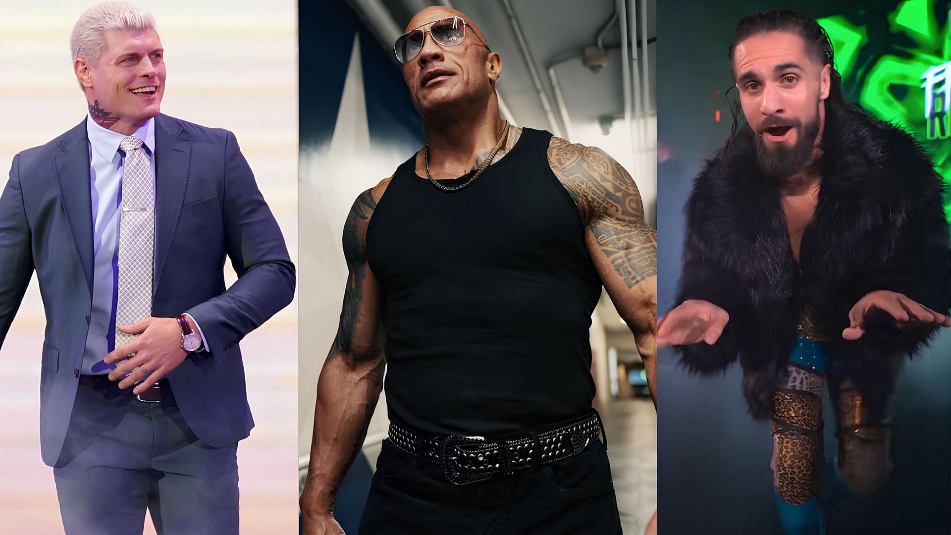Cody Rhodes(left), The Rock(middle) and Seth Rollins(right)