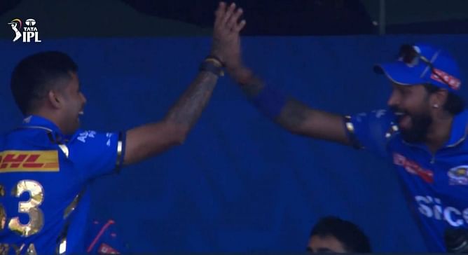 [Watch] Suryakumar Yadav and Hardik Pandya celebrate Romario Shepherd's last-over carnage in MI vs DC IPL 2024 clash