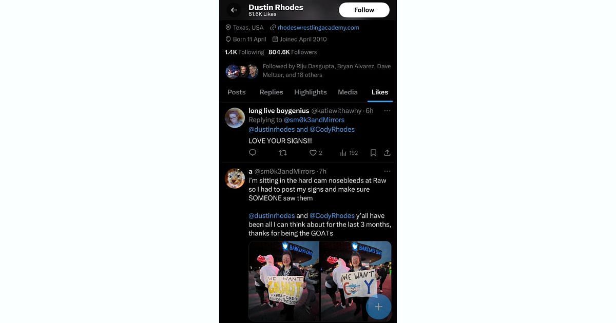 Dustin Rhodes likes a fan&#039;s tweet [Photo source: Dustin&#039;s Twitter (X) profile]