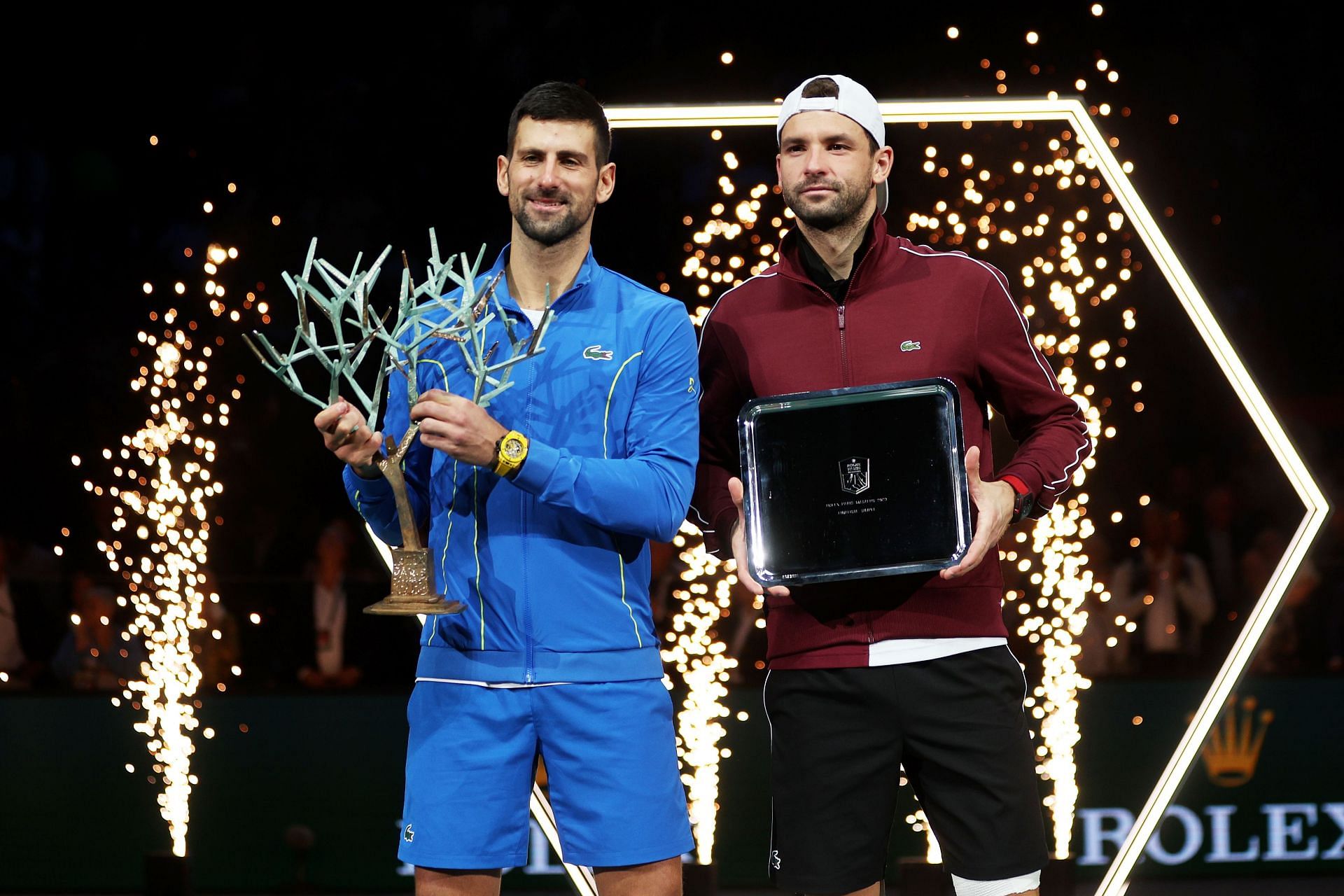 Novak Djokovic and Grigor Dimitrov  after the final of the Paris Masters in 2023