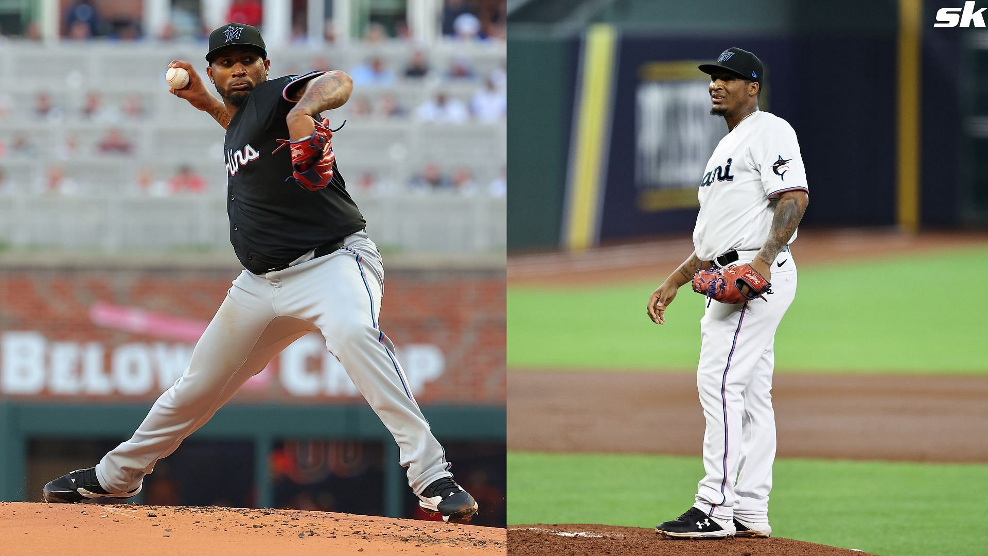 Sixto Sanchez of the Miami Marlins pitches in the first inning against the Atlanta Braves at Truist Park