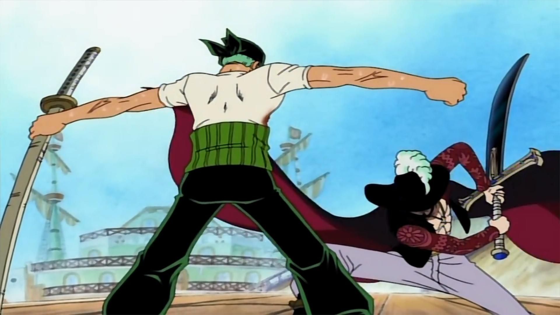 Mihawk slashes Zoro (Image via Toei Animation)