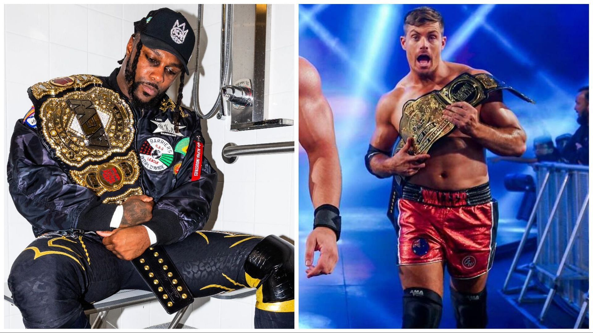 Swerve Strickland sits with the AEW World Championship, Grayson Waller with his SmackDown Tag Team Championship