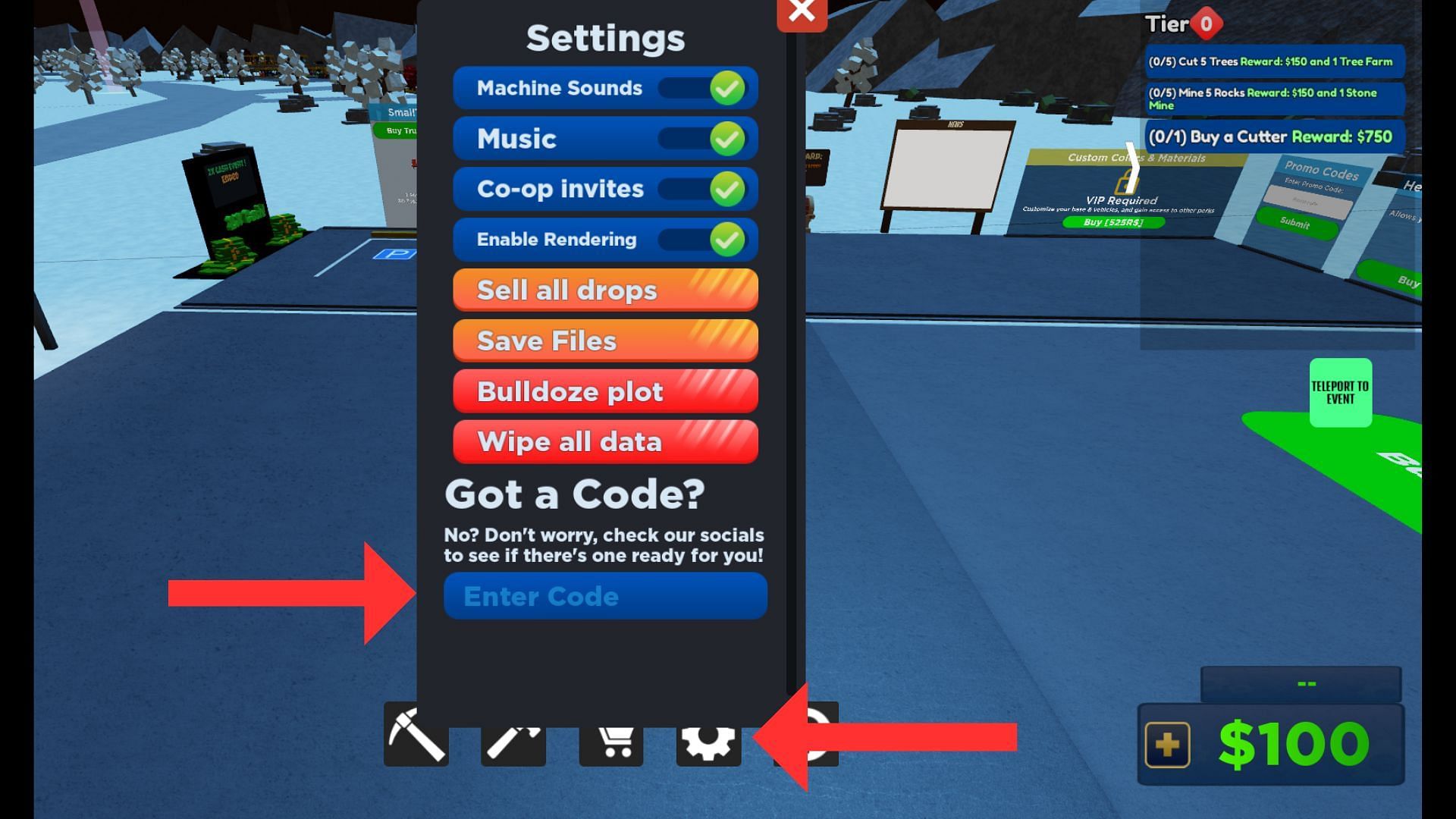 Redeem codes in Factory Simulator (Image via Roblox)
