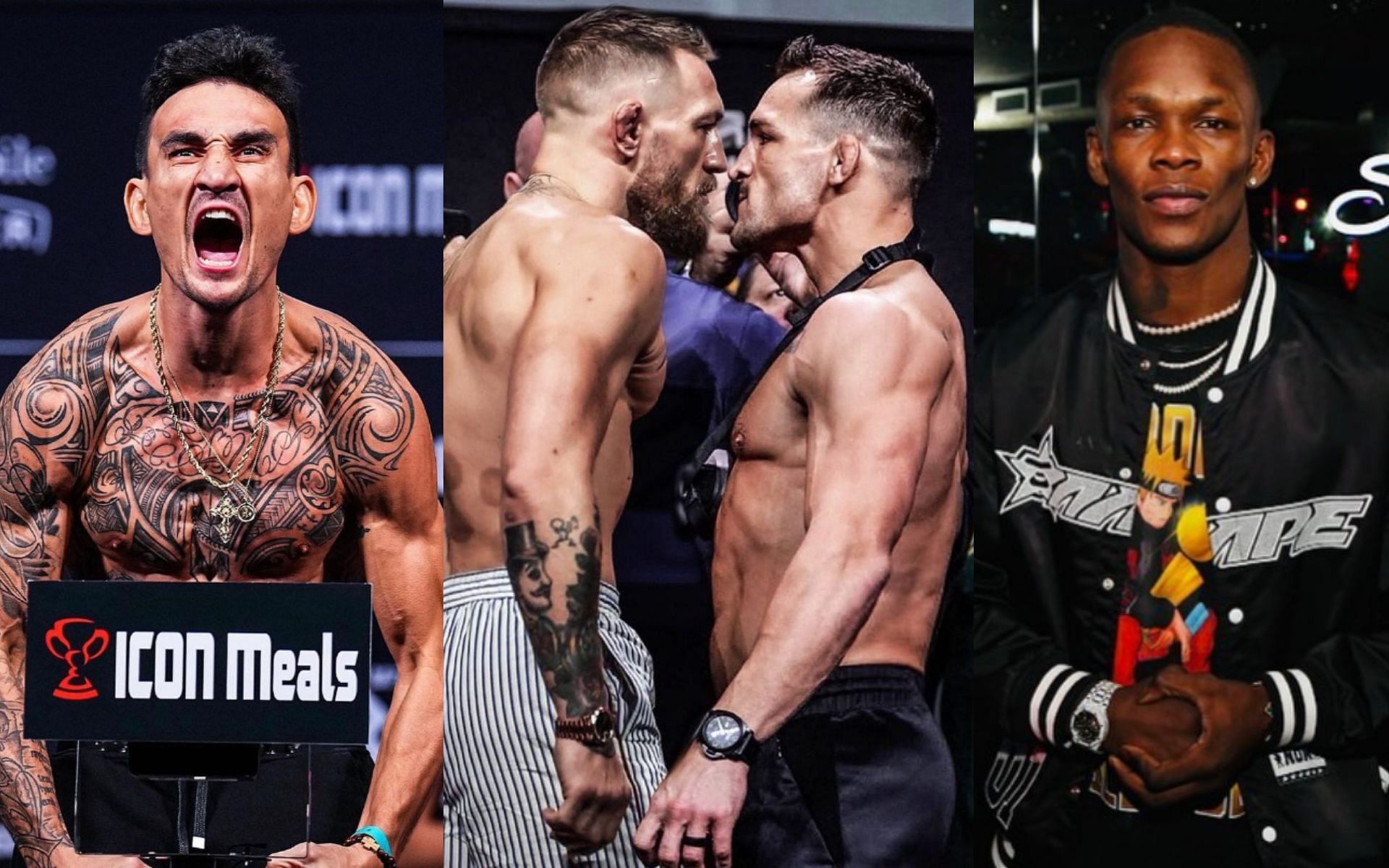 Max Holloway (left), Michael Chandler &amp; Conor McGregor (centre), Israel Adesanya (right) [Images courtesy of @blessedmma, @mikechandlermma &amp; @stylebender on Instagram]