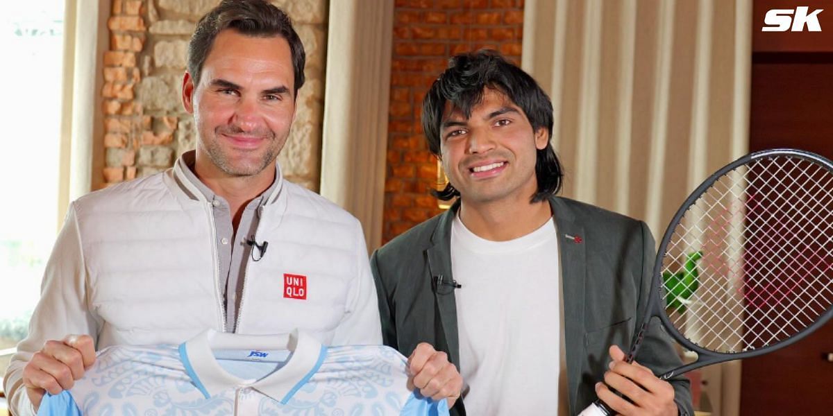 Roger Federer with Neeraj Chopra (R)