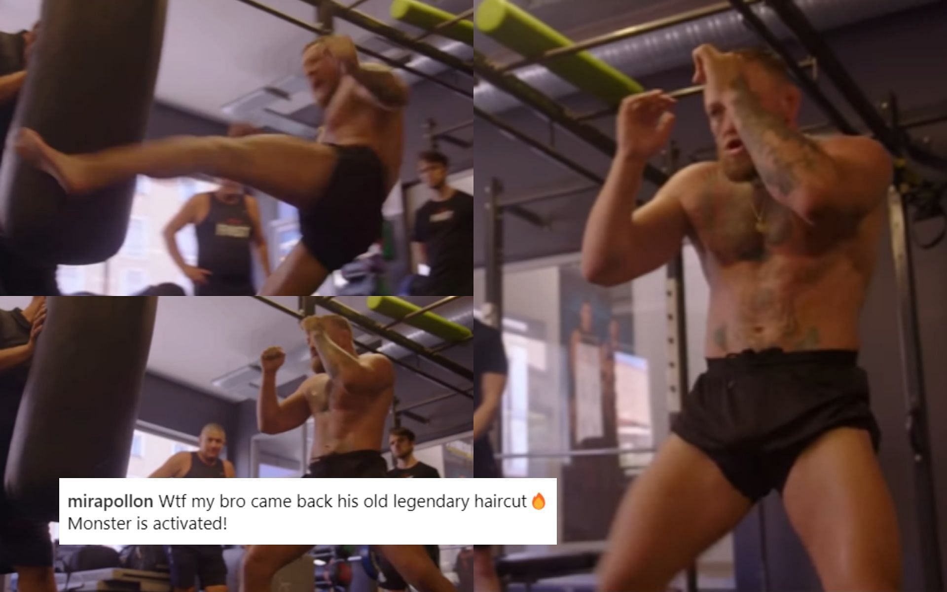 Conor McGregor (in frame) delivering powerful kicks on bag has fans excited [Image courtesy of @thenotoriousmma on Instagram]