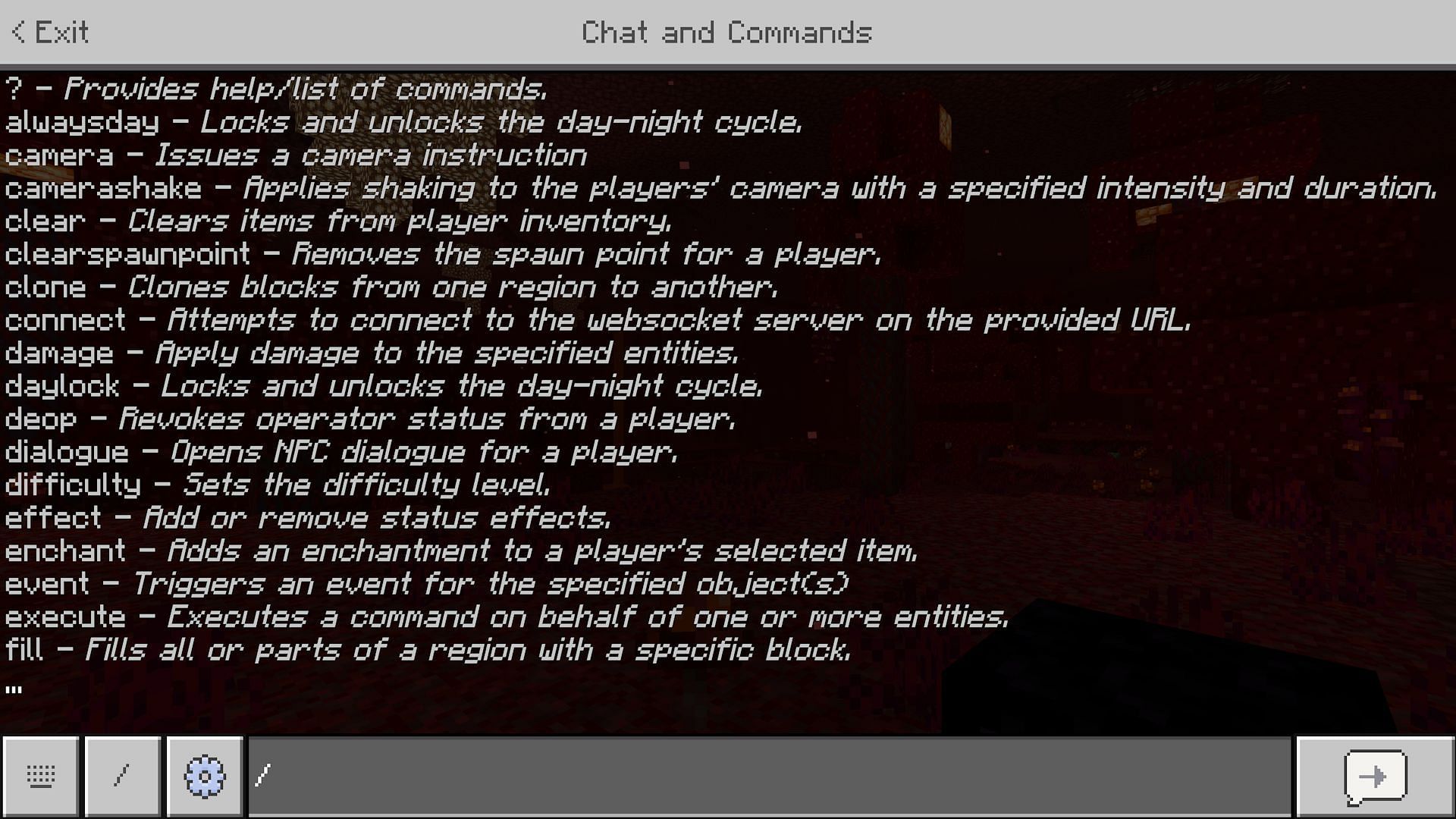 Hitting the forward slash key will also work to open chat and start using commands (Image via Mojang Studios)