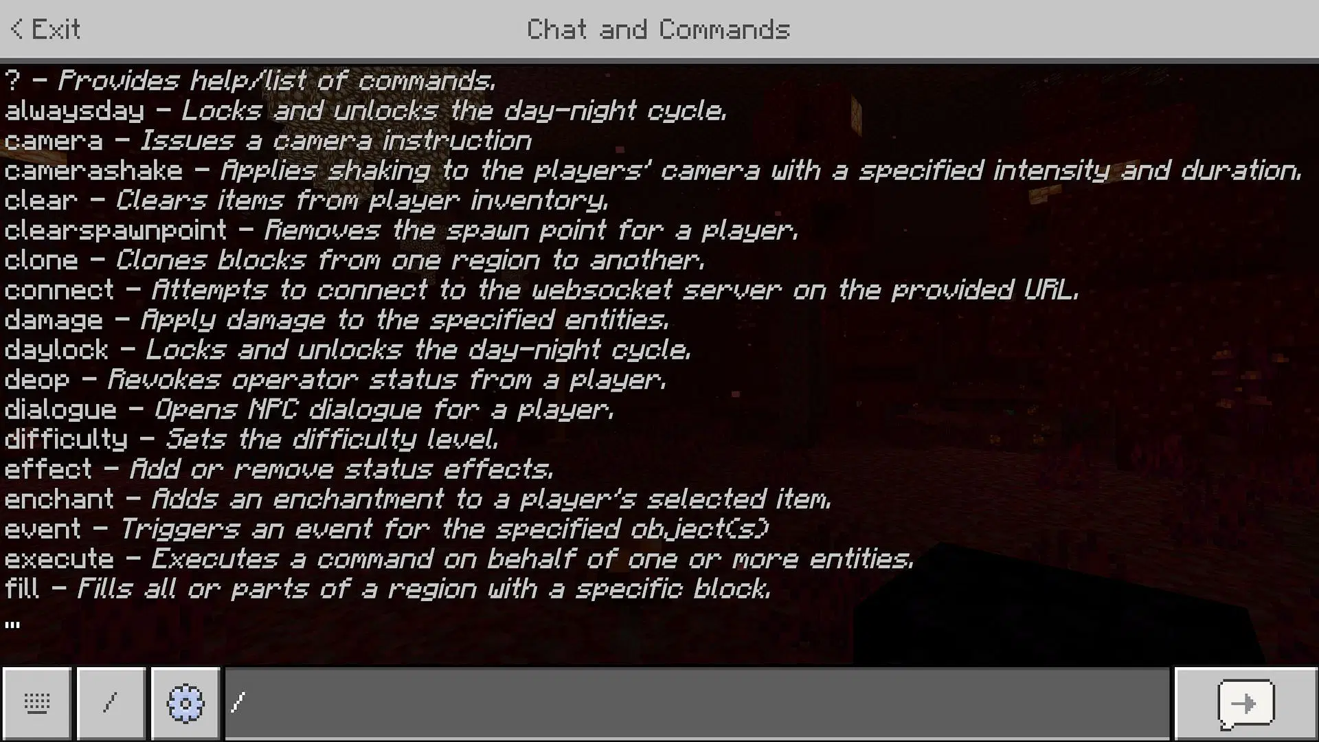 Hitting the forward slash key will also work to open chat and start using commands (Image via Mojang Studios)