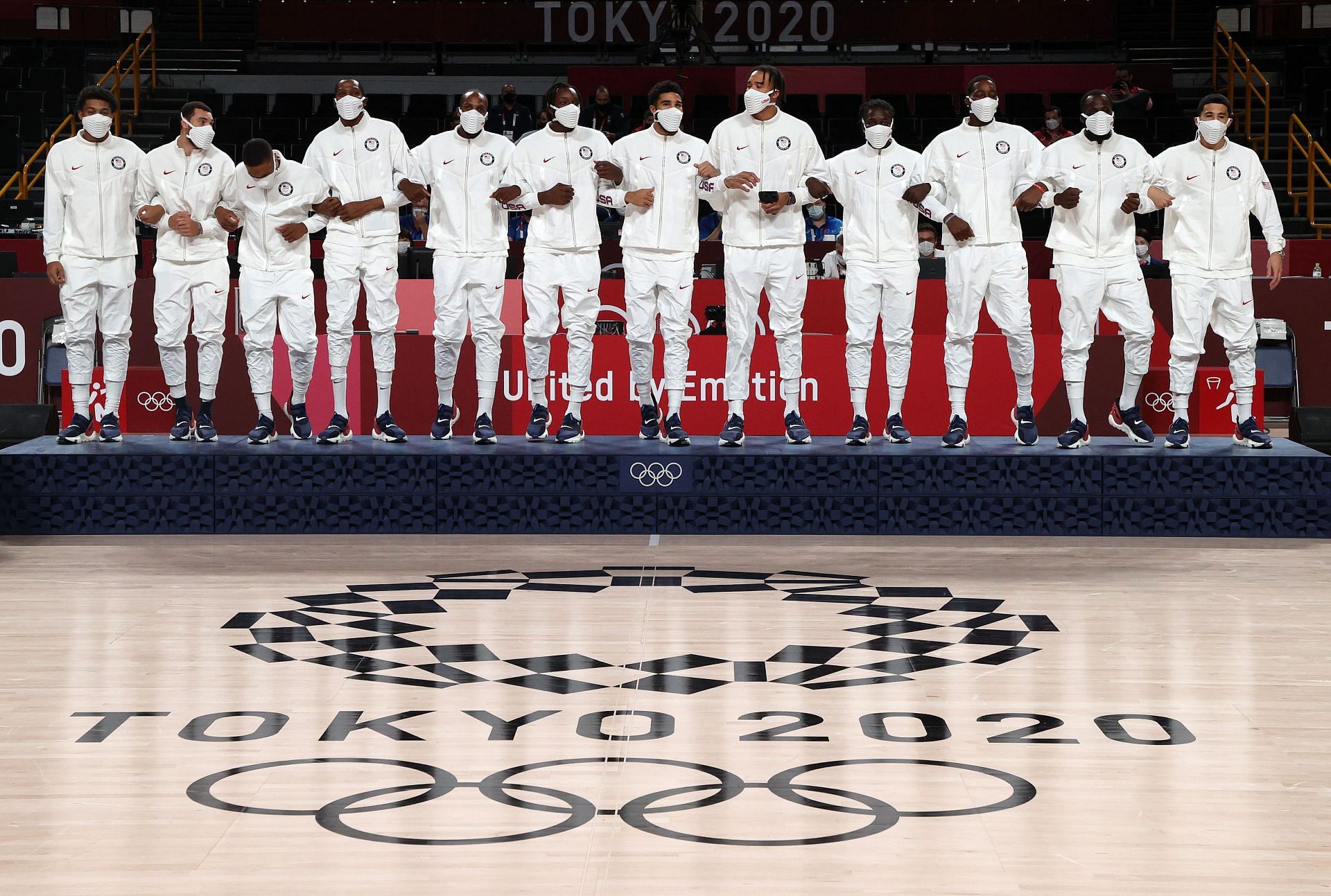 Team United States stands atop the medal stand during the Men&#039;s Basketball medal ceremony at the Tokyo Olympics 2020. (Photo by Kevin C. Cox/Getty Images)