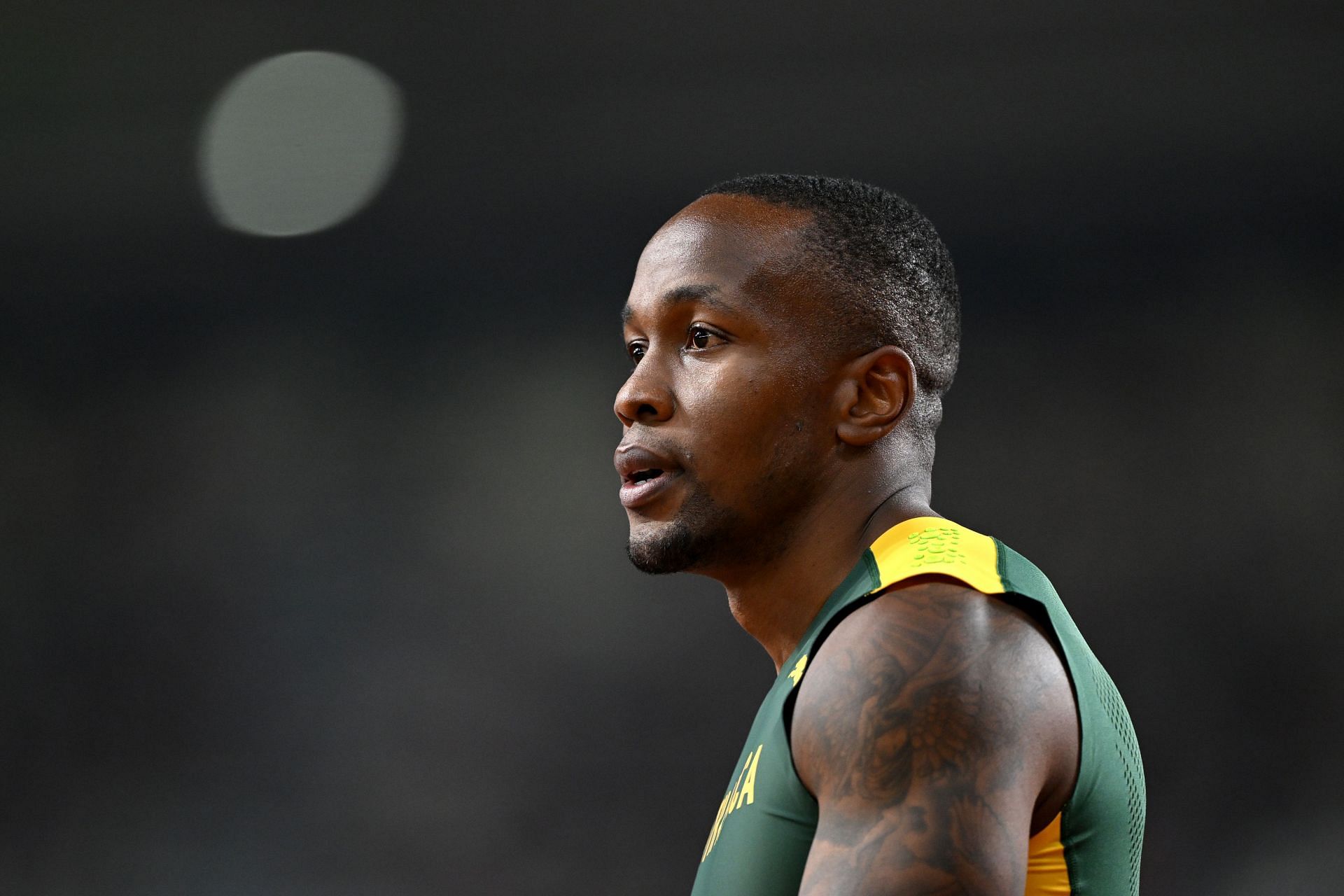 Simbine of Team South Africa looks on during heat 7 of the Men&#039;s 100m during day one of the World Athletics Championships Budapest 2023 at National Athletics Centre on August 19, 2023 in Budapest, Hungary. (Photo by Shaun Botterill/Getty Images)