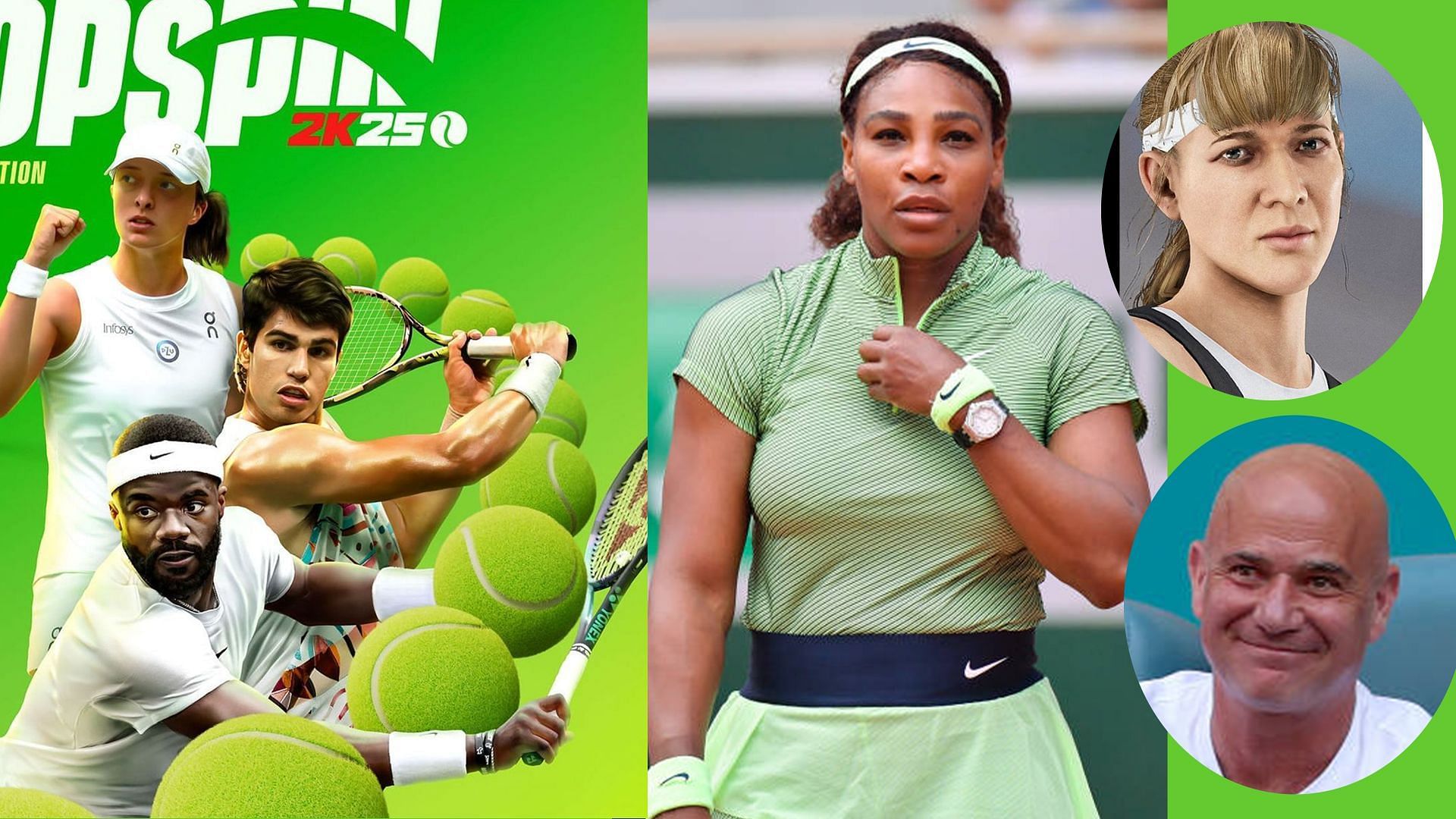 Top Spin 2k25 featuring the likes of Serena Williams, Carlos Alcaraz, Andre Agassi