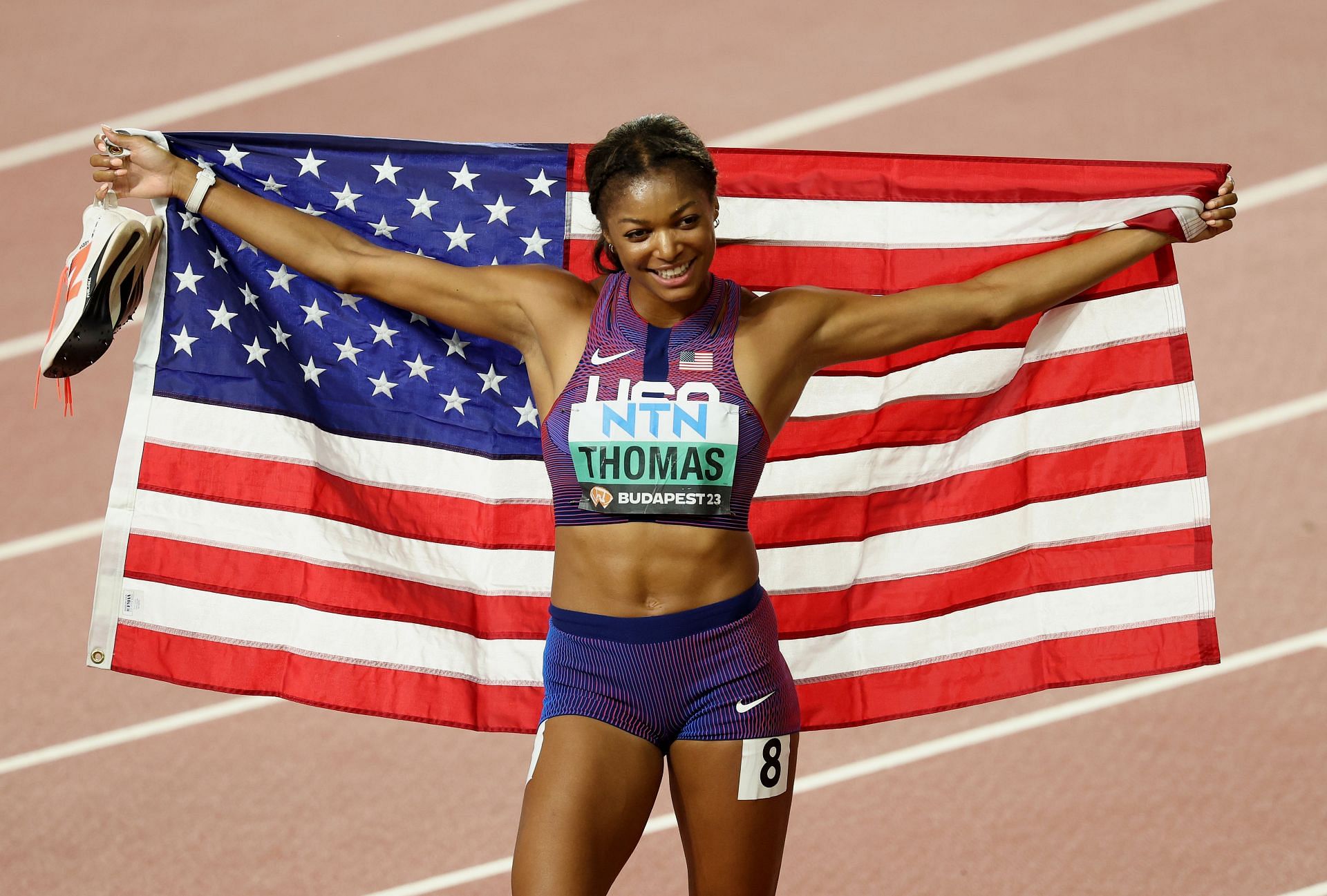 Gabby Thomas celebrates after the Women&#039;s 200m Final during the 2023 World Athletics Championships in Budapest, Hungary.