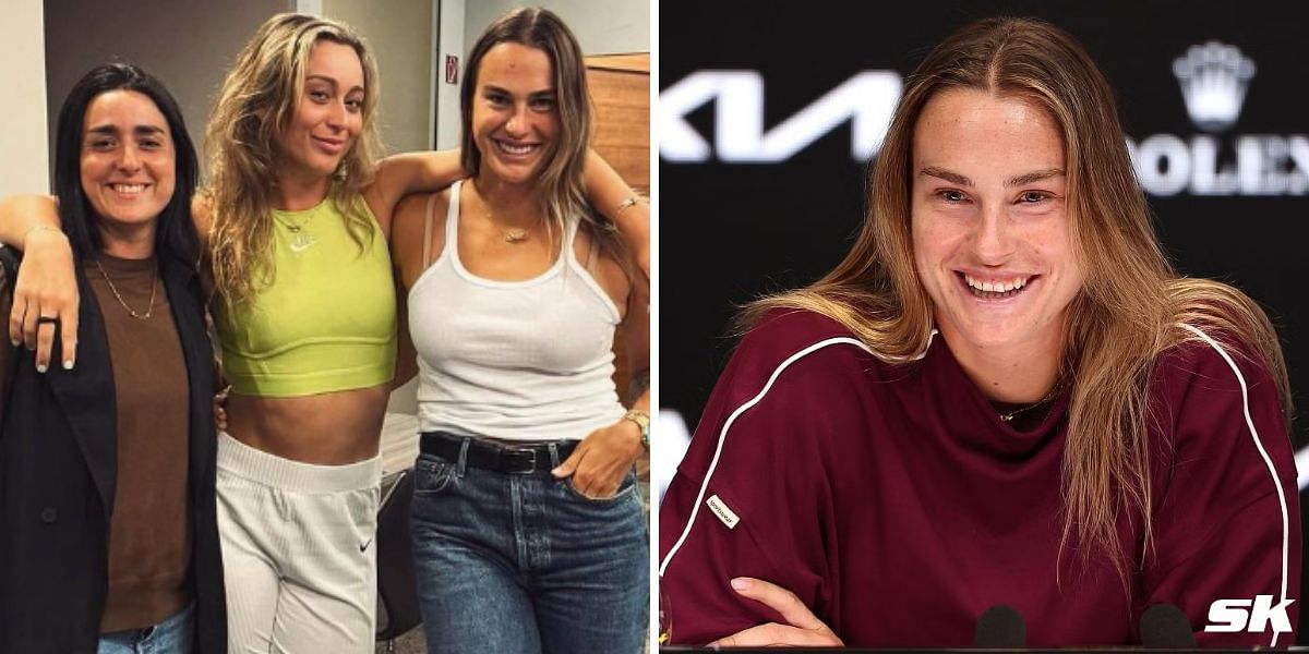 Aryna Sabalenka with Paula Badosa and Ons Jabeur (L)