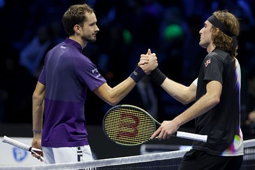 Daniil Medvedev (L) and Stefanos Tsitsipas (R) at the 2023 Nitto ATP Finals