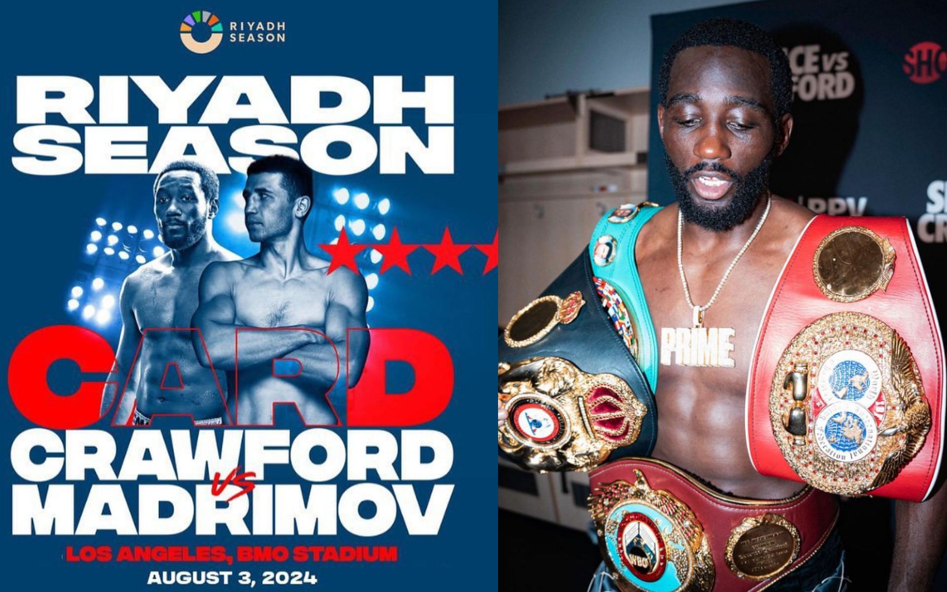 Terence Crawford (right) has eyes on an undisputed title fight at super welterweight, after his clash with Israil Madrimov (left) is announced [Images Courtesy: @tbudcrawford on Instagram]