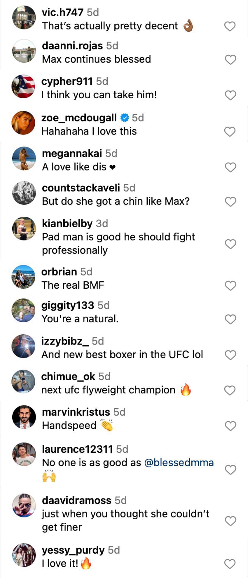 Fans reacting to Max Holloway doing pad work with Alessa Quizon [via @alessaquizon on Instagram]