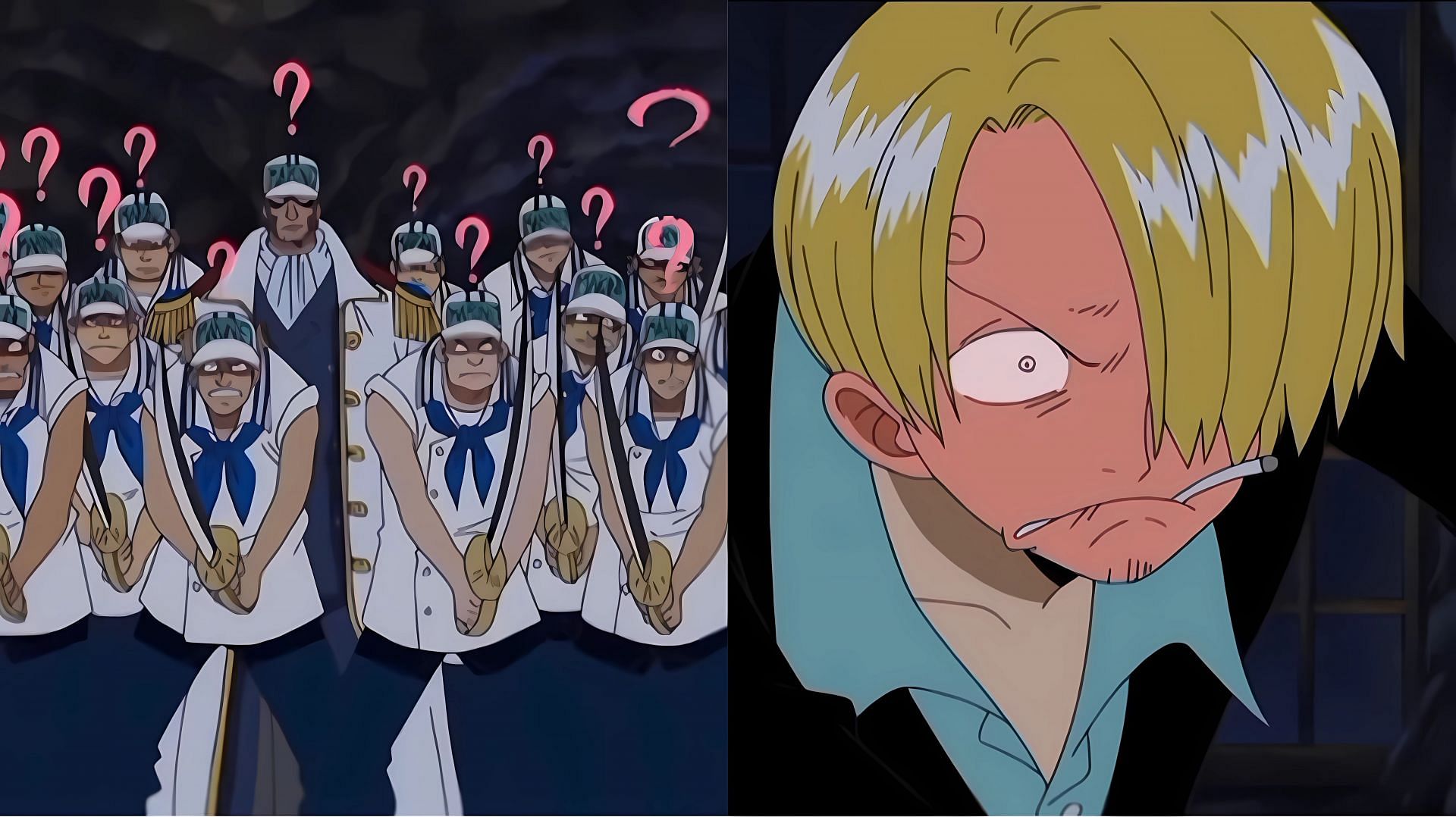 The Marines confused (left) and Sanji embarrassed (right) (Image via Toei Animation)
