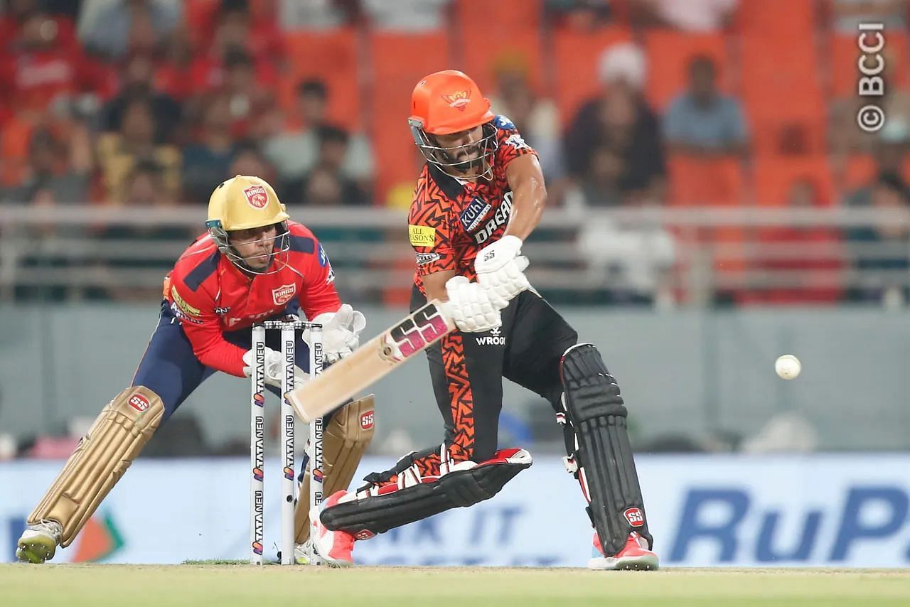 Nitish Kumar Reddy in action for SRH in Mullanpur on Tuesday. [IPL]