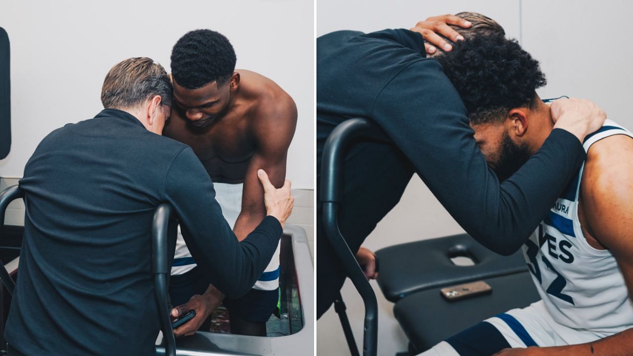 In Pictures: Anthony Edwards and Karl-Anthony&nbsp;Towns share emotional moment with Chris Finch after coach tears tendon in right knee