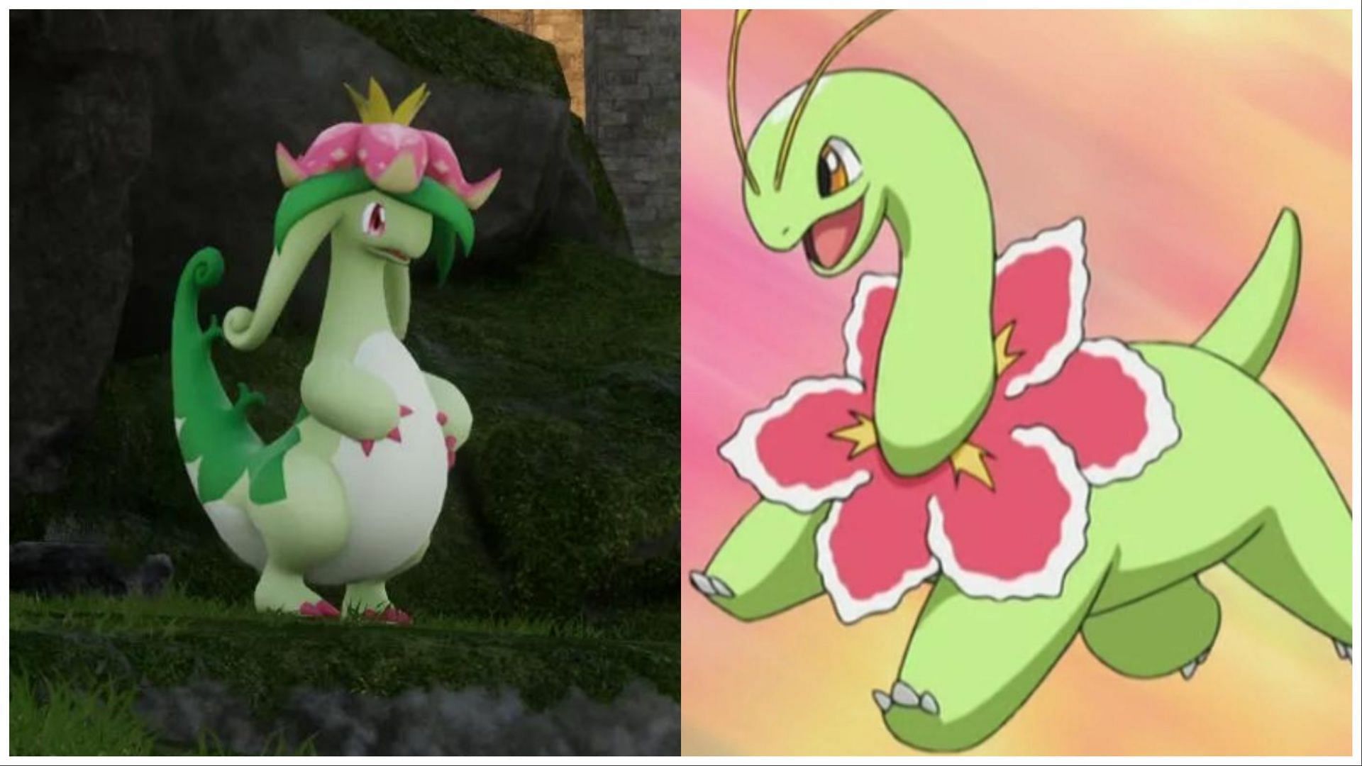 Dinossom and Meganium share the same signature flower, although in different positions (Image via Pocketpair/ The Pokemon Company)